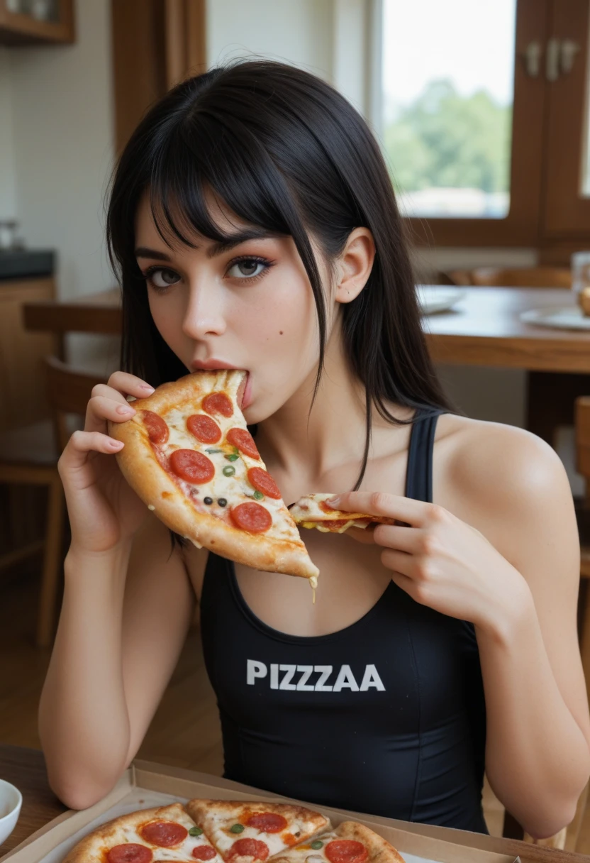 A beautiful woman burping after she devoured everything in a pizzeria 