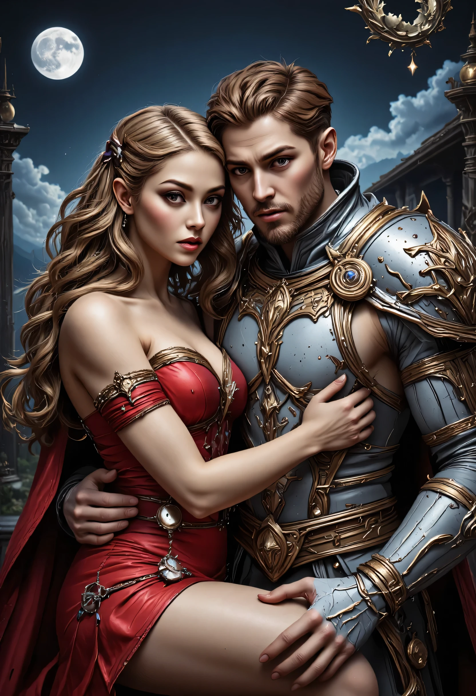 fantasy art, a picture of a fantasy, beautiful female vampire, best detailed face, wearing red dress, silk dress, intricate dress, pale skin, blond hair, glowing eyes blue eyes, hugging a  man, muscular man, best detailed face, wearing white armor, red hair, reflection light, it is night time, the moon is in the sky, a sense of eternal love, soft light. moon rays. high details, best quality, 16k, [ultra detailed], masterpiece, best quality, (extremely detailed), close up, ultra wide shot, photorealistic, RAW, fantasy art, dnd art, fantasy art, realistic art,((best quality)), ((masterpiece)), (detailed), perfect face, hyp3rd3tail style, magical sky