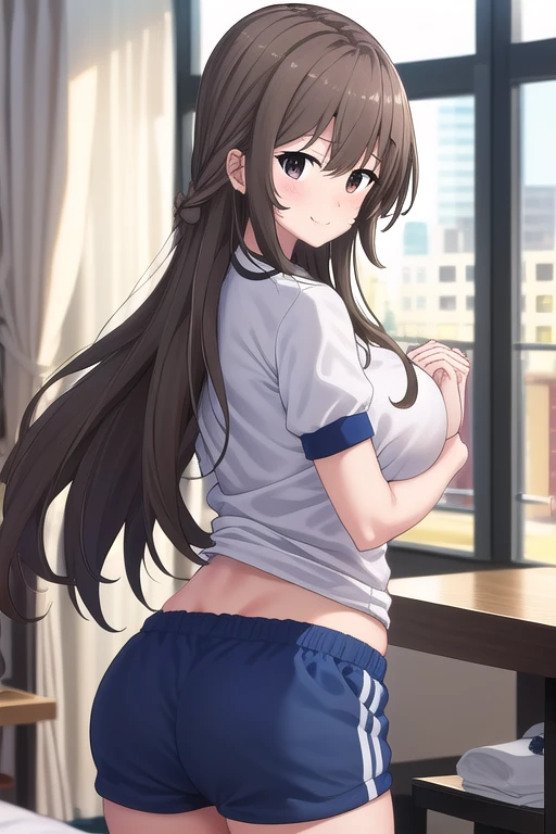 best quality, masterpiece, highres, solo, {yamato_kantaicollection:1.15}, long_hair, brown_hair, ponytail, hair_ornament, flower, hair_flower, brown_eyes, smile, breasts, cherry_blossoms, large_breasts, very_long_hair, blush, hair_between_eyes, 1girl,( (red buruma,gym uniform,))masterpiece (Stain by pussyjuice from crotch.)
