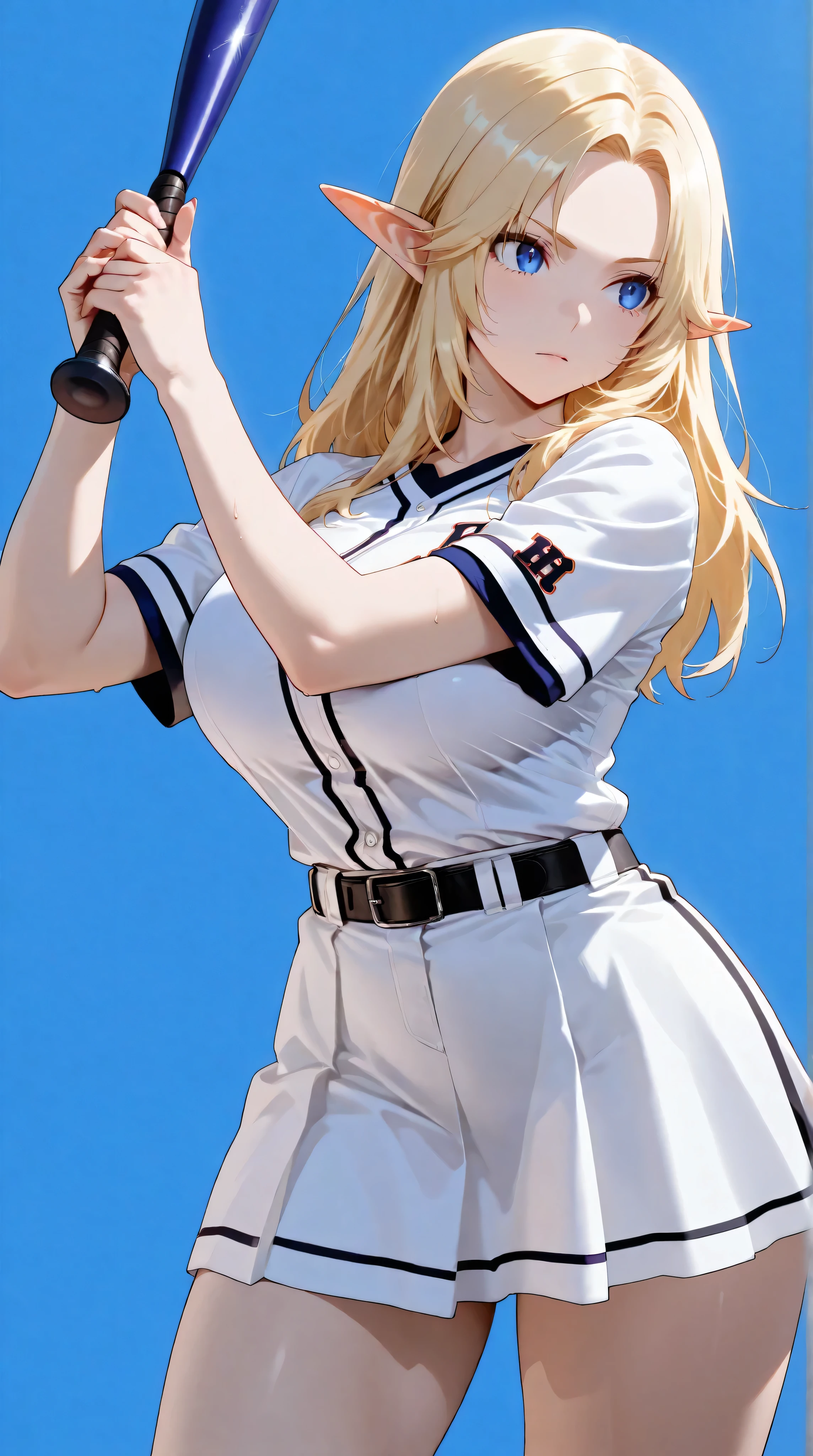 alpha,blue eyes, blonde hair, pointy ears,white skirt,white shirt, sexy legs,perfect body,large breasts,soft light, high detailed, best quality, upper body, holding a bat baseball,blue plain background ,blue background,front look