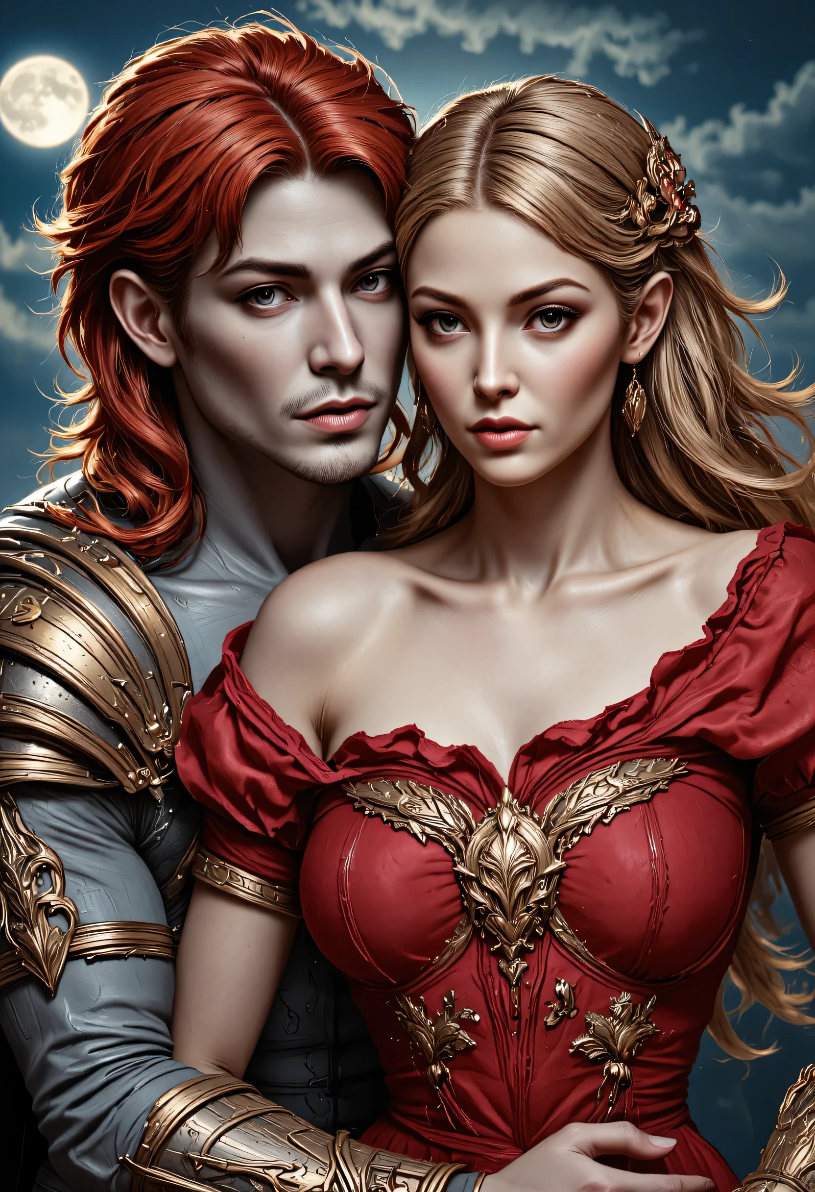 fantasy art, a picture of a fantasy, beautiful female vampire, best detailed face,  pale skin, blond hair, glowing eyes blue eyes, wearing red dress, silk dress, intricate dress, hugging a  man, muscular man, best detailed face, wearing white armor, red hair, reflection light, it is night time, the moon is in the sky, a sense of eternal love, soft light. moon rays. high details, best quality, 16k, [ultra detailed], masterpiece, best quality, (extremely detailed), close up, ultra wide shot, photorealistic, RAW, fantasy art, dnd art, fantasy art, realistic art,((best quality)), ((masterpiece)), (detailed), perfect face, hyp3rd3tail style, magical sky