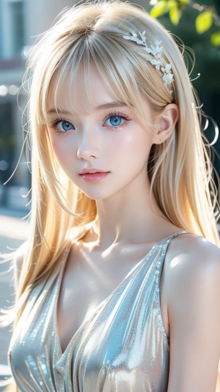 Beautiful white and shining skin, 3 up, Unparalleled Beauty, Bright, refreshing and gentle expression, Perfect beautiful cute face shining baby blonde silk super long straight hair, Beautiful shiny bangs, A very beautiful and beautiful 17 year old girl, eyeliner, Very perfect and beautiful cute big clear sky blue eyes
