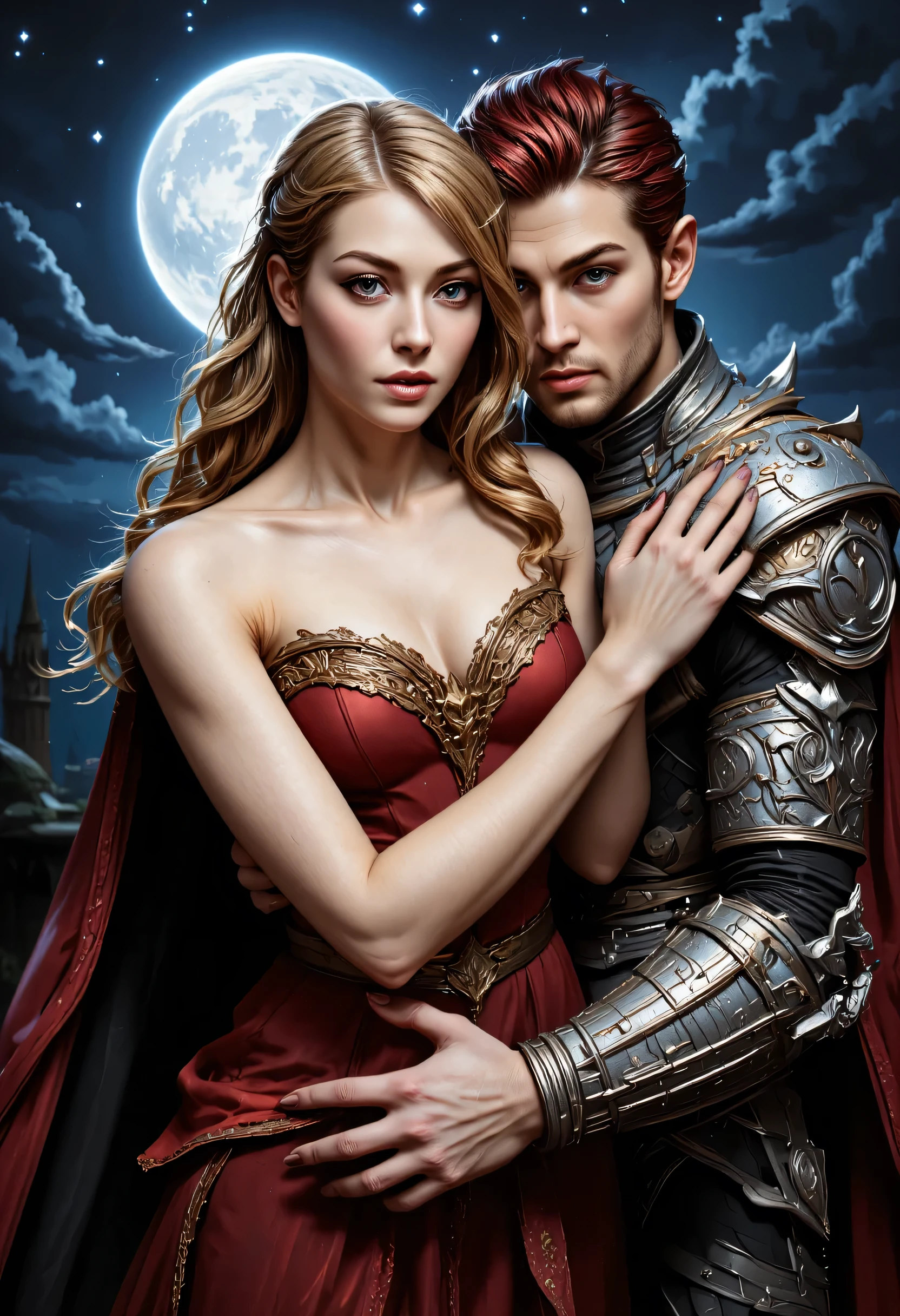 fantasy art, a picture of a fantasy, beautiful female vampire, best detailed face,  pale skin, blond hair, glowing eyes blue eyes, wearing red dress, silk dress, intricate dress, hugging a  man, muscular man, best detailed face, wearing white armor, red hair, reflection light, it is night time, the moon is in the sky, a sense of eternal love, soft light. moon rays. high details, best quality, 16k, [ultra detailed], masterpiece, best quality, (extremely detailed), close up, ultra wide shot, photorealistic, RAW, fantasy art, dnd art, fantasy art, realistic art,((best quality)), ((masterpiece)), (detailed), perfect face, hyp3rd3tail style, magical sky