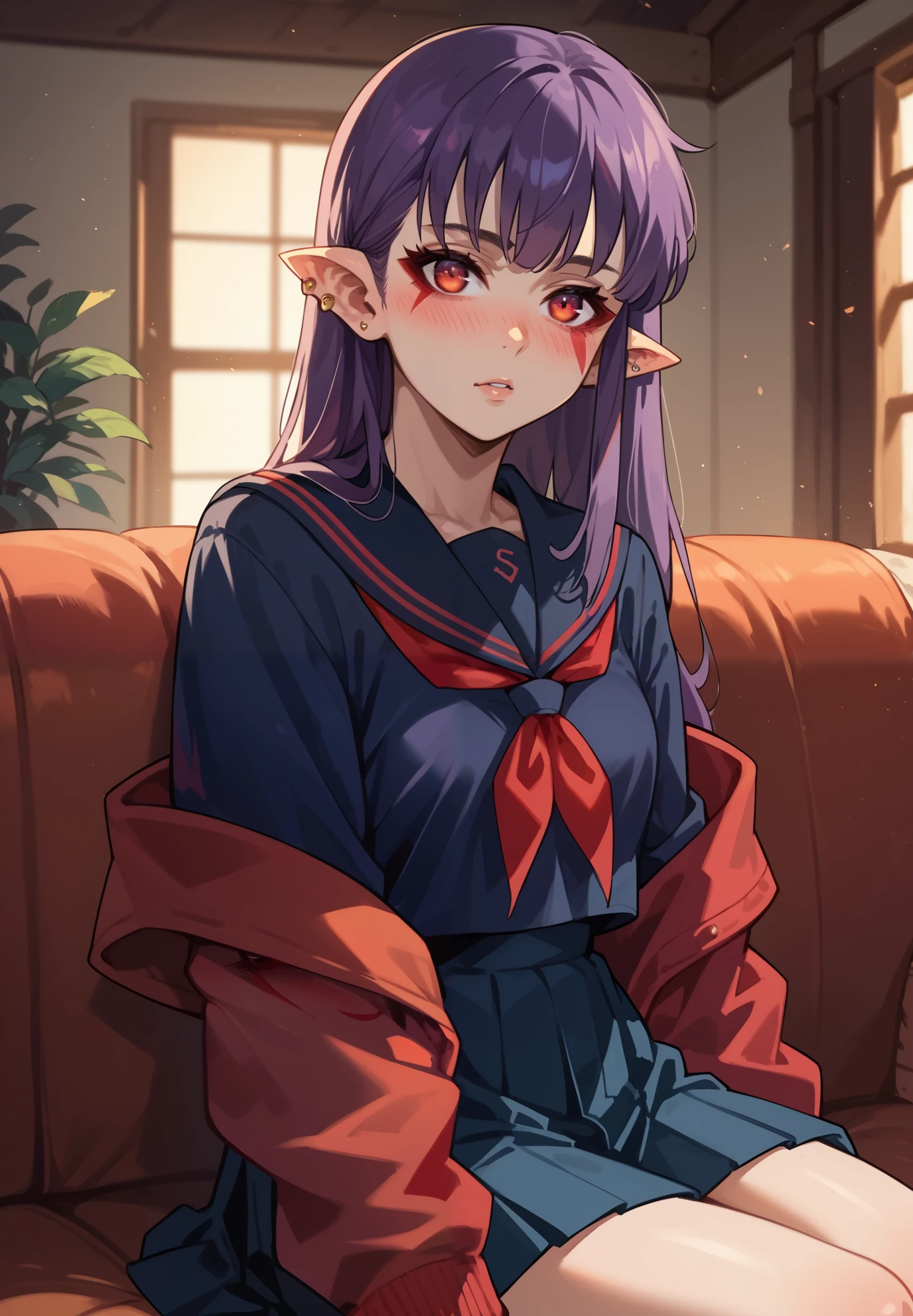 1girl, Esil, red markings under eyes, pouty, piercings, blush, school uniform, sitting on a couch, sexy pose, lustful, BREAK, night time, mountain cottage, cinematic lighting,
