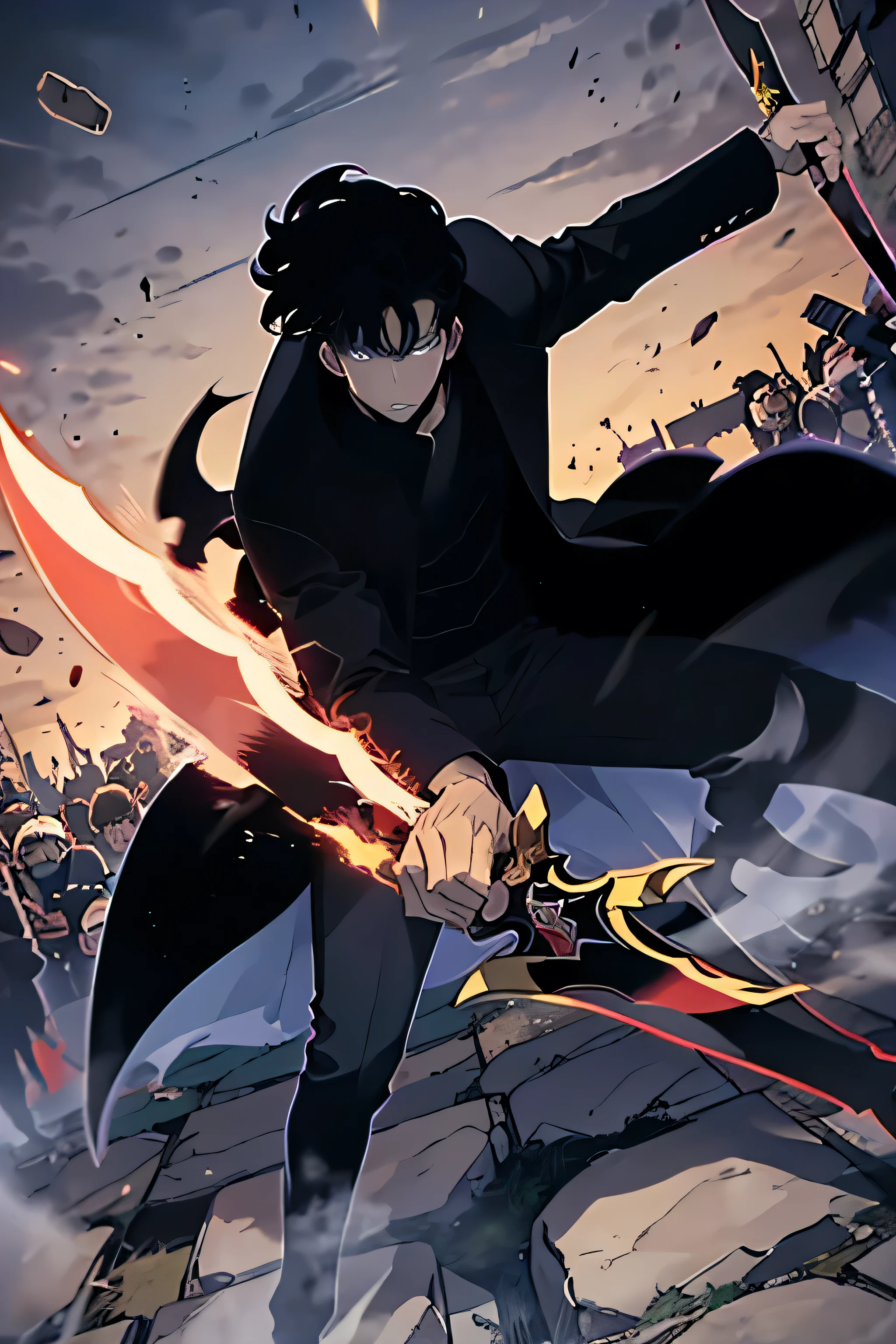 High Quality , High Definetion,handsome, alone, 1 man, short hair, black hair, blue eyes, black shirt, black coat, Lots of power,Fighting with a sword, being surrounded, fighting