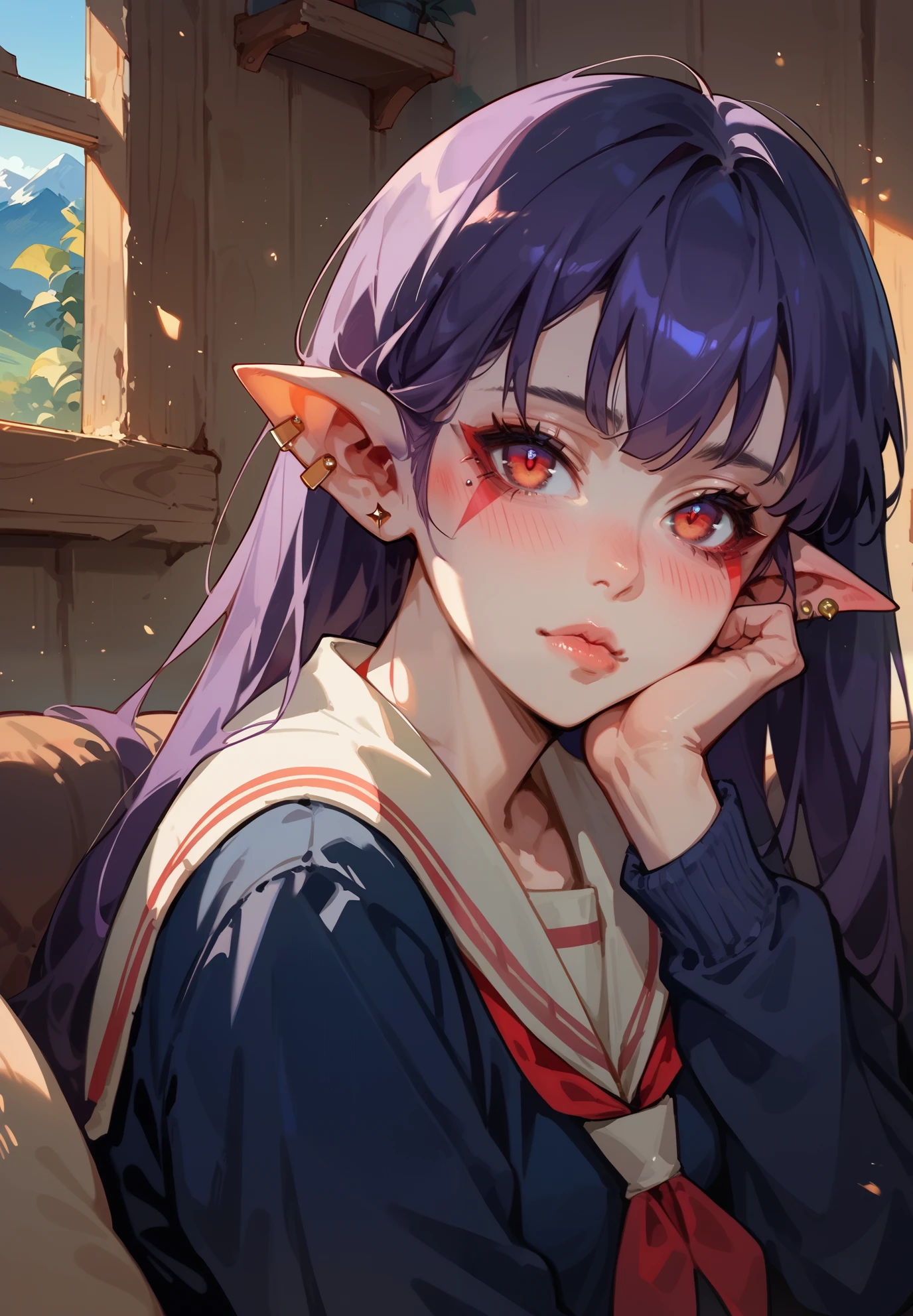 1girl, Esil, red markings under eyes, pouty, piercings, blush, school uniform, sitting on a couch, sexy pose, lustful, BREAK, night time, mountain cottage, cinematic lighting,