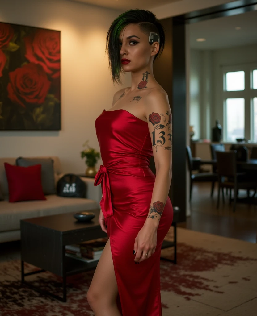 (masterpiece), (top quality), (realistic photo), 8k high definition perfect lighting best photography award, (body entero) 8k quality young caucasian woman 35 years old, pale white skin, ((lovely)), body perfecto, (perfect average anatomy), body ((half)), perfectly proportioned, hourglass figure, body ligeramente robusto, ((aesthetic)), perfect face, Perfect eyes, very detailed, (intricate details), (big violet eyes), very long straight messy hair pink hair color extremely tattooed woman, (tattooed arms), (tattooed legs), (body tatuado), extremely sensual woman, (captivating), wears glasses and gold jewelry, lleva un vestido short, (short), fitted, (bright red satin), bare back, deep neckline, ((extremely sensual)), ((sandals with long straps)), several shots, at gala event, ((Red carpet))