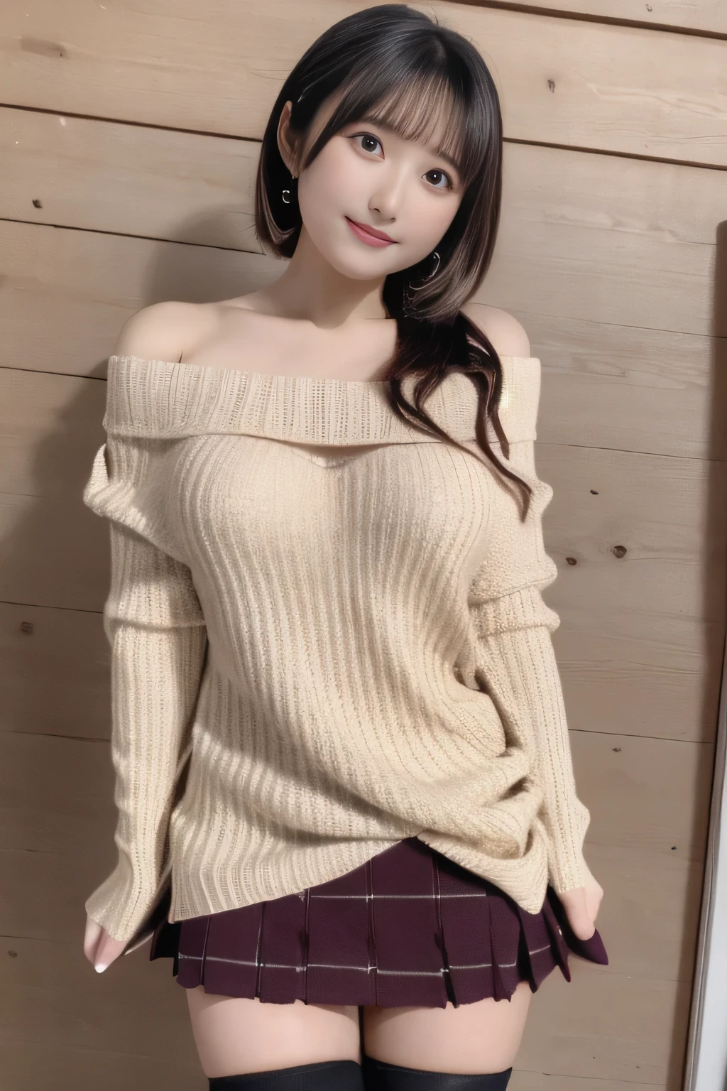 masterpiece, best quality, illustration, Super detailed, fine details, High resolution, 8K,wall paper, perfect dynamic composition,(Details High quality, realistic depiction of eyes:1.3), (Thin knitting:1.2) Rib Knit Sweater Dress Drop Shoulder, micro skirt, Long sleeve, short bob hair、black hair color, Big Natural Color Lip, bold sexy pose, crying a little、Harajuku style、acrobatic pose, 20 year old girl、cute type、ta、beautiful legs, hotel room, gravure idol, Voluptuous thighs, huge breasts