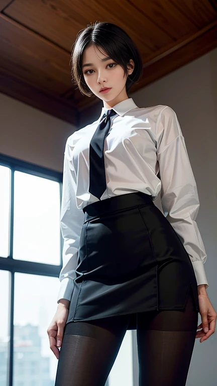 (RAW, best quality, masterpiece:1.5), (photo realistic, intricate details:1.2), ultra highres, absurdres,
1girl, beautiful face, blue eyes, green eyes, detalied eyes, symmetric eyes, light on face, nose blush, short hair, black hair tie, 
clk, vest, suit, pencil miniskirt, unbuttoned white shirt, loose silk scarf, black pantyhose, [:20d, :0.8],
smile, small dimples, sexually suggestive, 
medium breasts, slim waist, slim legs, long legs,
sitting on chair in front of desk, perfect body, good proportions,
looking at viewer, 
(office, indoor, hyper detailed background:1.2), japan, copy machine, file cabinet, computer, monitor,
shiny skin, real skin texture, 
natural lighting, best lighting, detailed background, detailed shadow, sharp focus, depth of field f/2,
saturated, high contrast, strong light and shadow