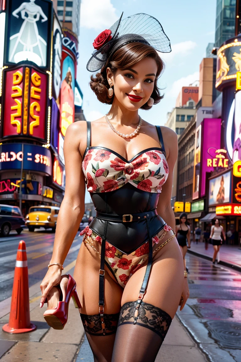 A cute woman in a tiny outfit, tap dancing happily in the heavy rain on the 1950s streets of New York, singing in the rain, (best quality,4k,8k,highres,masterpiece:1.2),ultra-detailed,(realistic,photorealistic,photo-realistic:1.37),1girl,beautiful detailed eyes,beautiful detailed lips,extremely detailed eyes and face,longeyelashes,oil painting,intricate details,vibrant colors,dramatic lighting,cinematic angle,nostalgic,vintage,retro,musical,dancing,rain,wet,umbrella,neon lights,cobblestone streets,classic architecture,New York cityscape