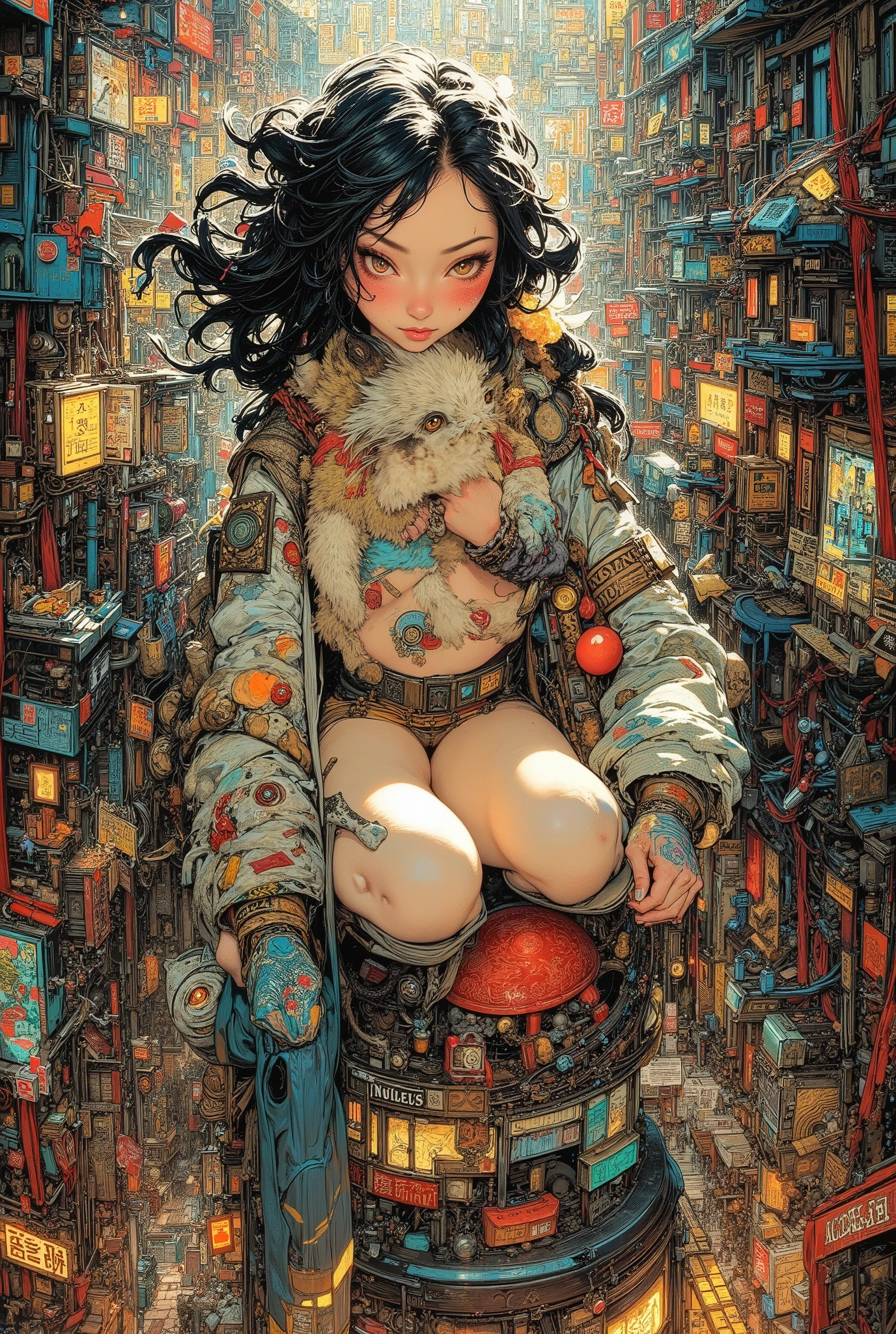 (High Definition, masterpiece, Accurate, top quality, High Definition model, high detail, (((The textures are soft))), ((matte and toy-like with a handmade premium look)), (((Tim Burton style))), Woman walking on the street with cat, best quality, (intricate details:1.1), beautiful detailed, beautiful hair, pupil details,solo, 1girl, japanese, blush, five fingers, ((Pupil details)), backlighting, ((five fingers)), big breasts, (((low-angle view))),