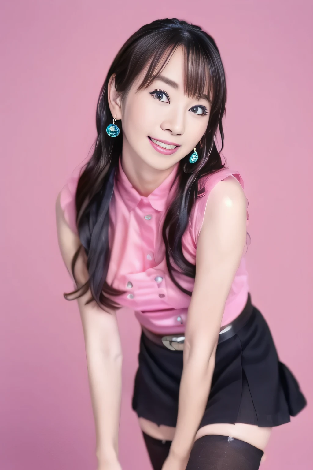 ( Masterpiece:1.2)、 top quality、 Hi-Res、 Unity 8k Wallpaper、( illustrations:0.8)、( beautiful detailed face:1.2、 beautiful detailed eyes :1.2)、 perfect lighting、 VERY DETAILED CG 、( perfect hands、 perfect )、( full body shot)、
cute、 beautiful、 an attractive woman 、 Shiny Hair 、 shiny skin around、 BEAUTIFUL BRIGHT BIG EYES、
Mature Woman、Married women、 soft 、A serene exterior and a gentle, motherly vibe、
feminine style 、(( ))、 BEAUTIFUL CUBILE 、 beautiful、smile、 smiles、
elizabeth_a、 long hair、 hair covering one eye、 blue eyes、(( 、 earrings、 jewelry、Abdomen、belly button、( pink shirt、 sleeveless shirt )、( micro miniskirt 、 black skirt)、belt、( black knee socks、 single knee socks)、 Asymmetrical Legwear ))、