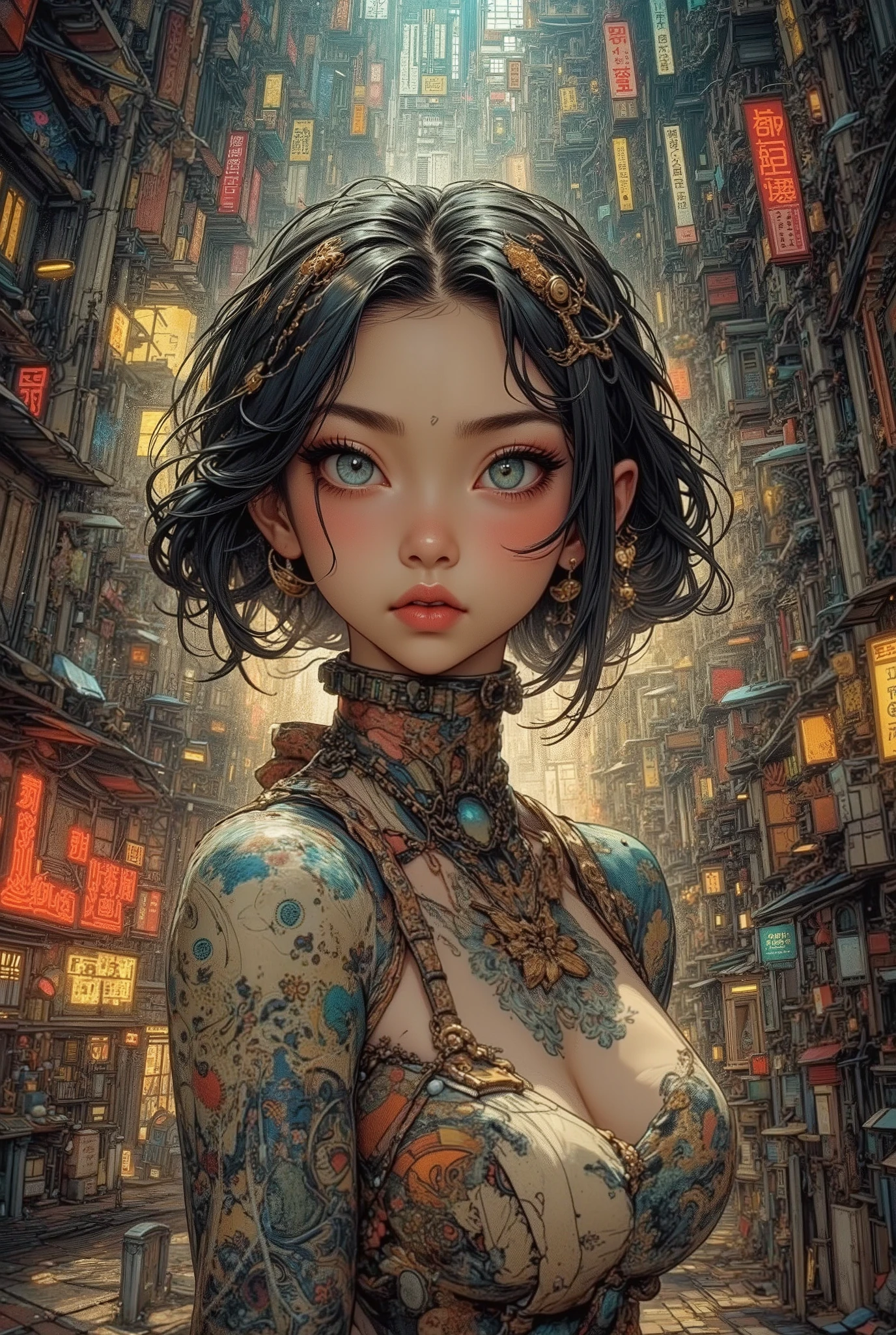 (High Definition, masterpiece, Accurate, top quality, High Definition model, high detail, (((The textures are soft))), ((matte and toy-like with a handmade premium look)), (((Tim Burton style))), Woman walking on the street with cat, best quality, (intricate details:1.1), beautiful detailed, beautiful hair, pupil details,solo, 1girl, japanese, blush, five fingers, ((Pupil details)), backlighting, ((five fingers)), big breasts, (((low-angle view))),