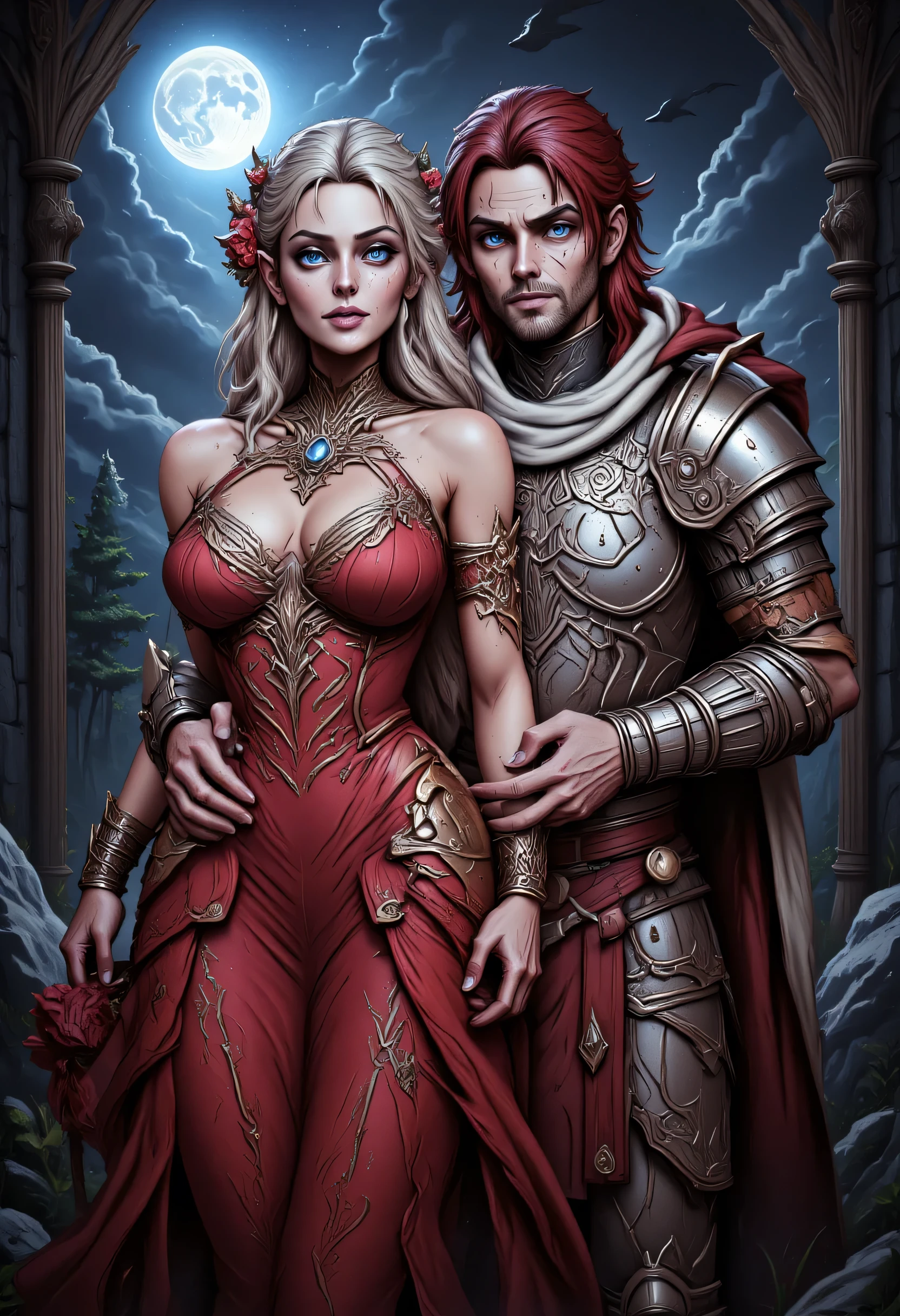 fantasy art, a picture of a fantasy, beautiful female vampire, best detailed face,  pale skin, blond hair, glowing eyes blue eyes, wearing red dress, silk dress, intricate dress, hugging a  man, muscular man, best detailed face, wearing white armor, red hair, reflection light, it is night time, the moon is in the sky, a sense of eternal love, soft light. moon rays. high details, best quality, 16k, [ultra detailed], masterpiece, best quality, (extremely detailed), close up, ultra wide shot, photorealistic, RAW, fantasy art, dnd art, fantasy art, realistic art,((best quality)), ((masterpiece)), (detailed), perfect face, hyp3rd3tail style, aidmaDarkfantasy