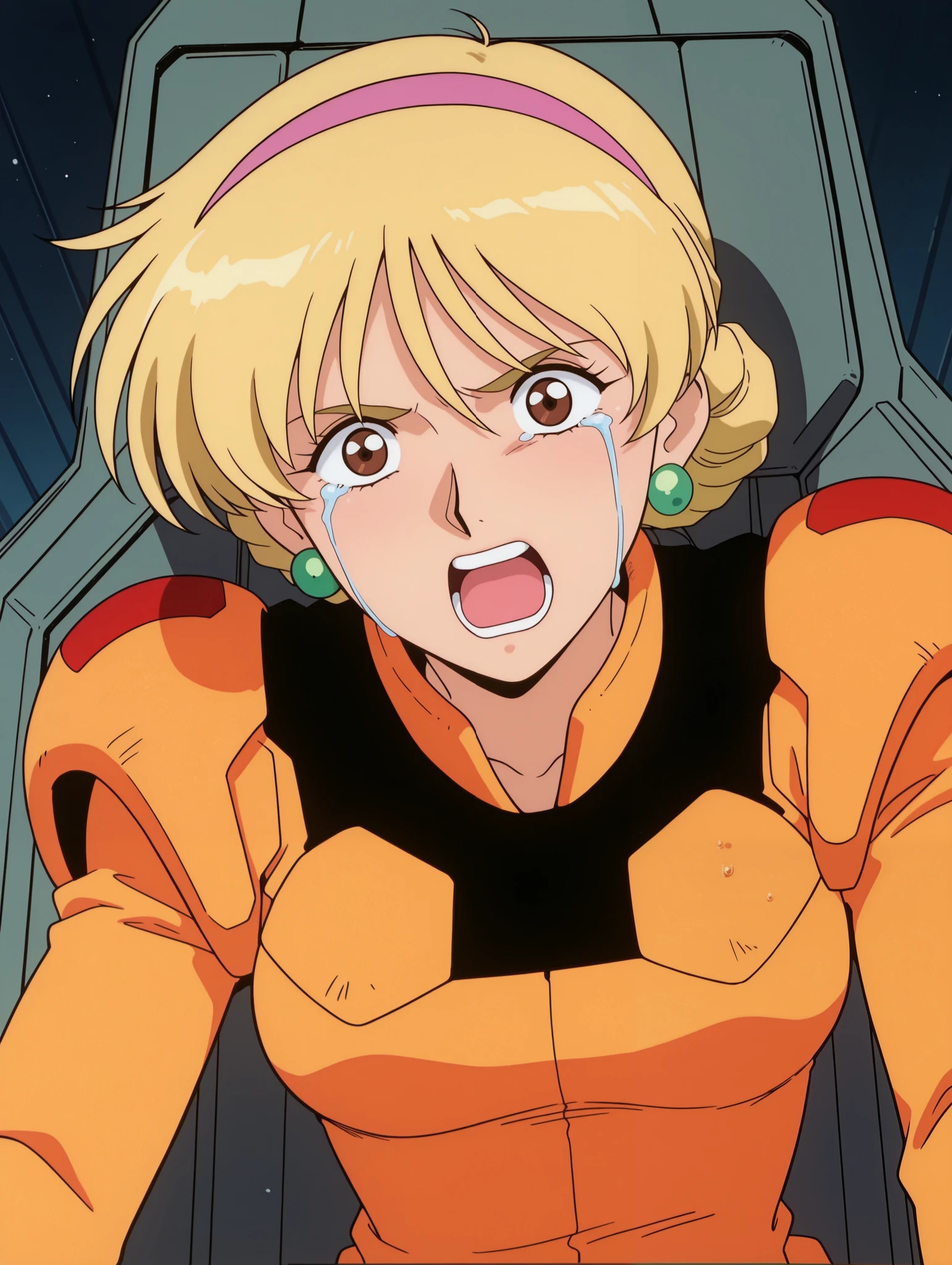 masterpiece, best quality, newest, absurdres, highres, detailed eyes, beautiful, detailed background, perfect eyes, anime coloring, anime screencap, 1990s \(style\), 1girl , Alone, KATEJINA'S STORY. blonde hair, short hair, single bun, french braid, pink hairband , brown eyes, medium breasts, earrings, mecha pilot suit, orange bodysuit, long sleeves, orange gloves, looking at viewer, cockpit in the background、 sits in the cockpit、 crying face、 Screaming with her mouth open