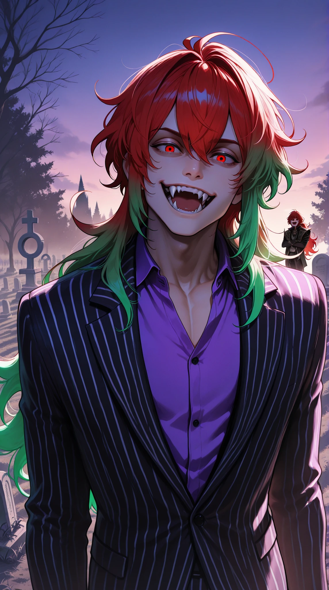 (masterpiece), best quality, expressive eyes, perfect face, 1boy, male focus, solo focus, Diluc Ragnivindr, red eyes, heterochromia, green eyes, eyebrow raised, holographic eyes, multicolored hair, red hair, gradient hair, green hair, purple hair, streaked hair,  long hair, striped suit, Black suit, white suit, purple shirt, fangs, open mouth, outdoors, dusk, midnight, cemetery scene , relaxed, finger pointing, magic, fire magic, looking at viewer, smirk , fire, post apocalyptic, halloween,  Beetlejuice inspired theme, cinematic angle, cinematic lighting, Rembrandt lighting, backlit, glowing