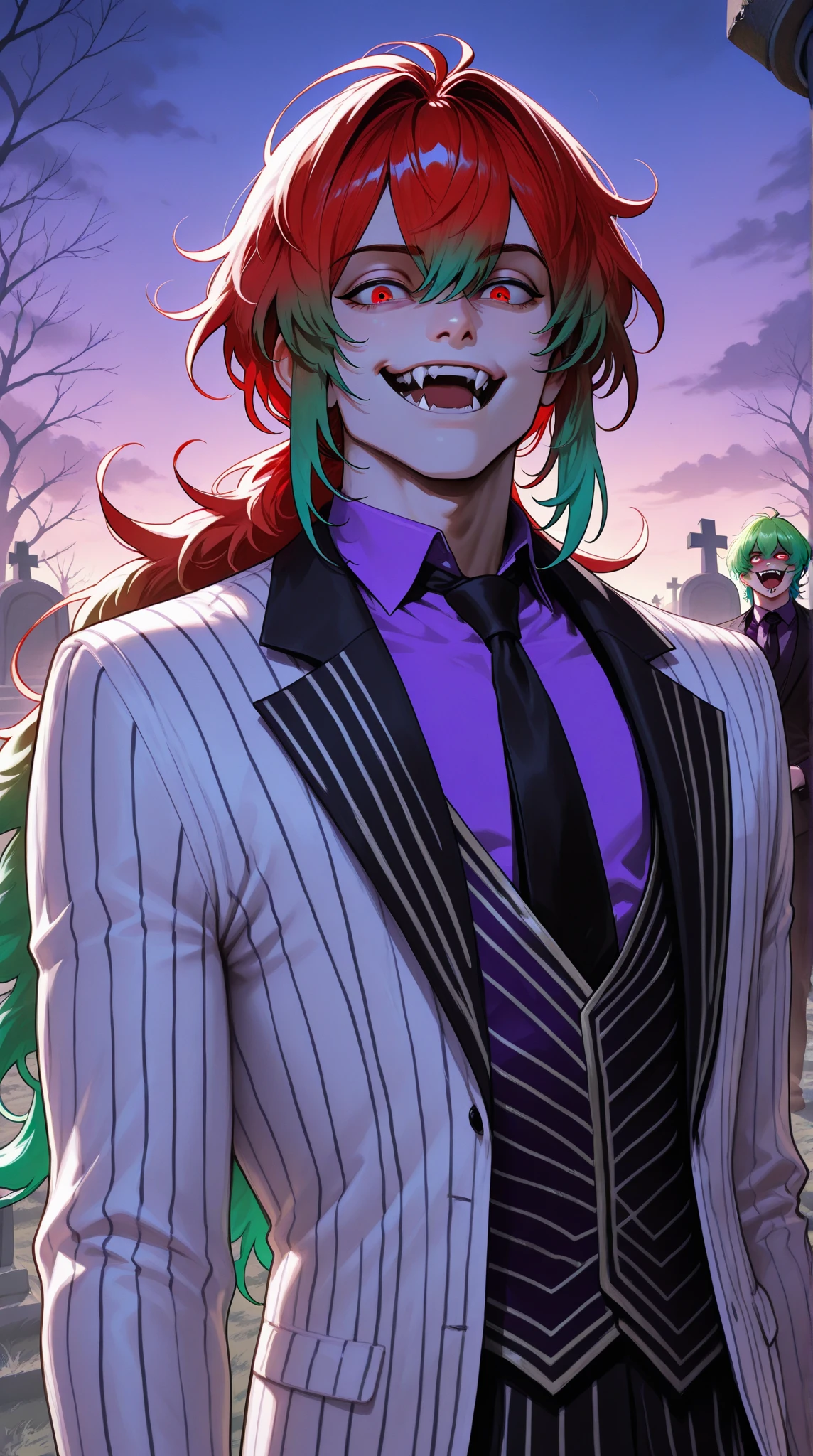 (masterpiece), best quality, expressive eyes, perfect face, 1boy, male focus, solo focus, Diluc Ragnivindr, red eyes, heterochromia, green eyes, eyebrow raised, holographic eyes, multicolored hair, red hair, gradient hair, green hair, purple hair, streaked hair,  long hair, striped suit, Black suit, white suit, purple shirt, fangs, open mouth, outdoors, dusk, midnight, cemetery scene , relaxed, finger pointing, magic, fire magic, looking at viewer, smirk , fire, post apocalyptic, halloween,  Beetlejuice inspired theme, cinematic angle, cinematic lighting, Rembrandt lighting, backlit, glowing