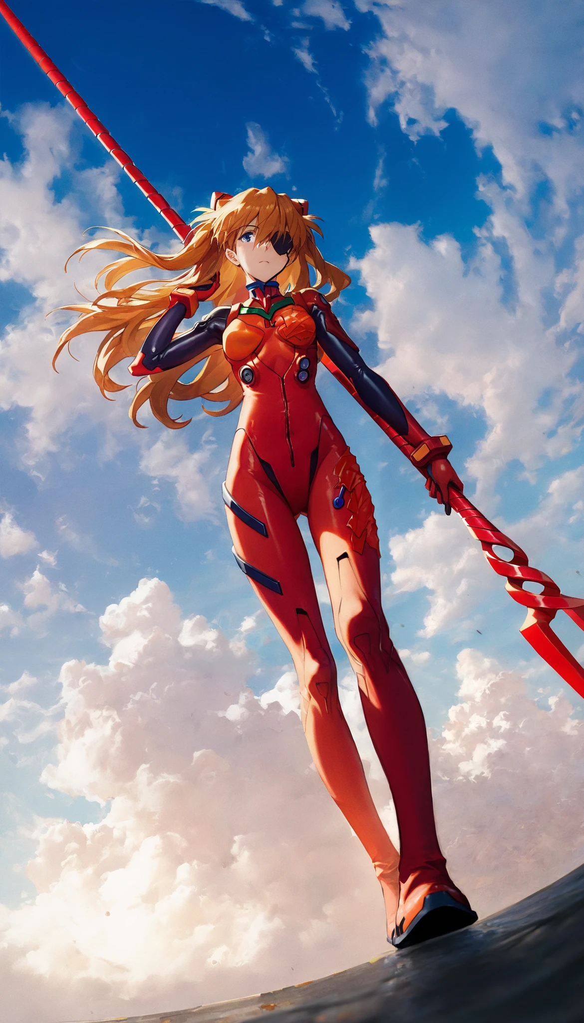 1 girl, souryuu asuka langley , neon genesis Evangelion, sensible, Alone , eyepatch, tight red suit , epic poses, seen from below, hair moved by the wind,sunny day,sky and clouds, with open legs , head tilt, holding a weapon , Longinus Lance \( Evangelion\), cowboy shot, depth of field , fake traditional media, picturesque, impressionism, masterpiece, high score , great score , absurdities(Shoulder grip with Dutch angle), full body