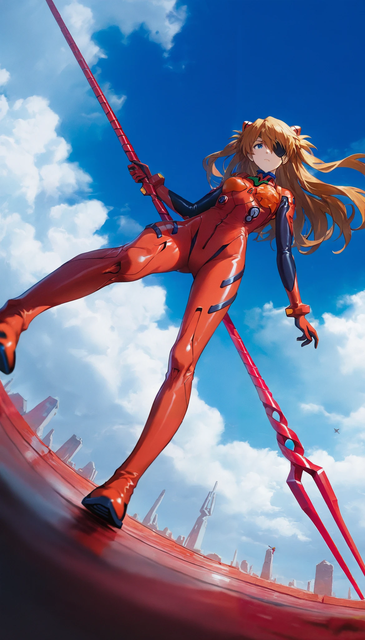 1 girl,  souryuu asuka langley , neon genesis  Evangelion, sensible, Alone , eyepatch,  tight red suit , epic poses, seen from below, hair moved by the wind,sunny day,sky and clouds,  with open legs ,  head tilt,  holding a weapon ,  Longinus Lance  \( Evangelion\),  cowboy shot,  depth of field ,  fake traditional media, picturesque, impressionism,  masterpiece,  high score ,  great score , absurdities(Shoulder grip with Dutch angle), full body