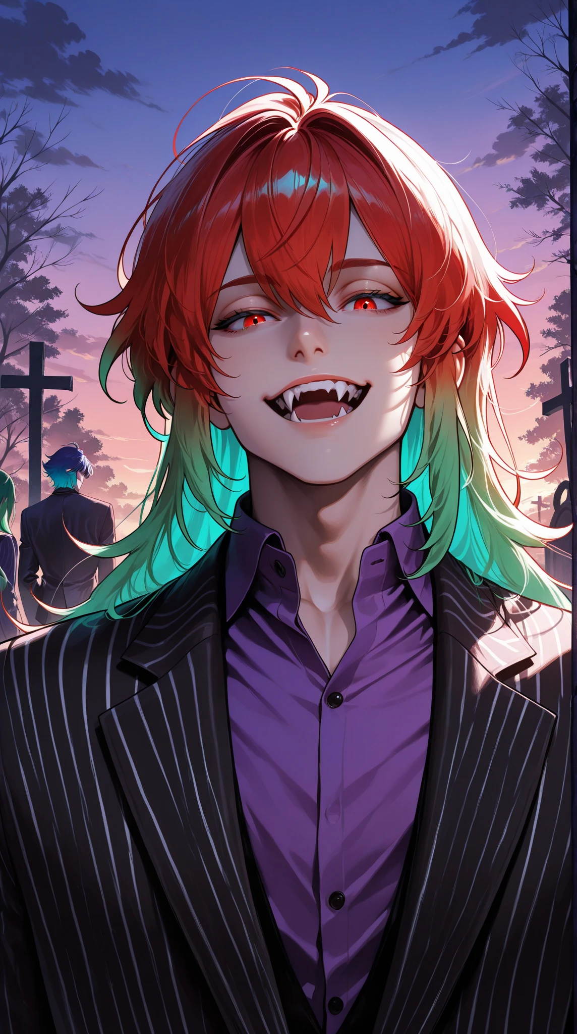 (masterpiece), best quality, expressive eyes, perfect face, 1boy, male focus, solo focus, Diluc Ragnivindr, red eyes, heterochromia, green eyes, eyebrow raised, holographic eyes, multicolored hair, red hair, gradient hair, green hair, purple hair, streaked hair,  long hair, striped suit, Black suit, white suit, purple shirt, fangs, open mouth, outdoors, dusk, midnight, cemetery scene , relaxed, finger pointing, magic, fire magic, looking at viewer, smirk , fire, post apocalyptic, halloween,  Beetlejuice inspired theme, cinematic angle, cinematic lighting, Rembrandt lighting, backlit, glowing