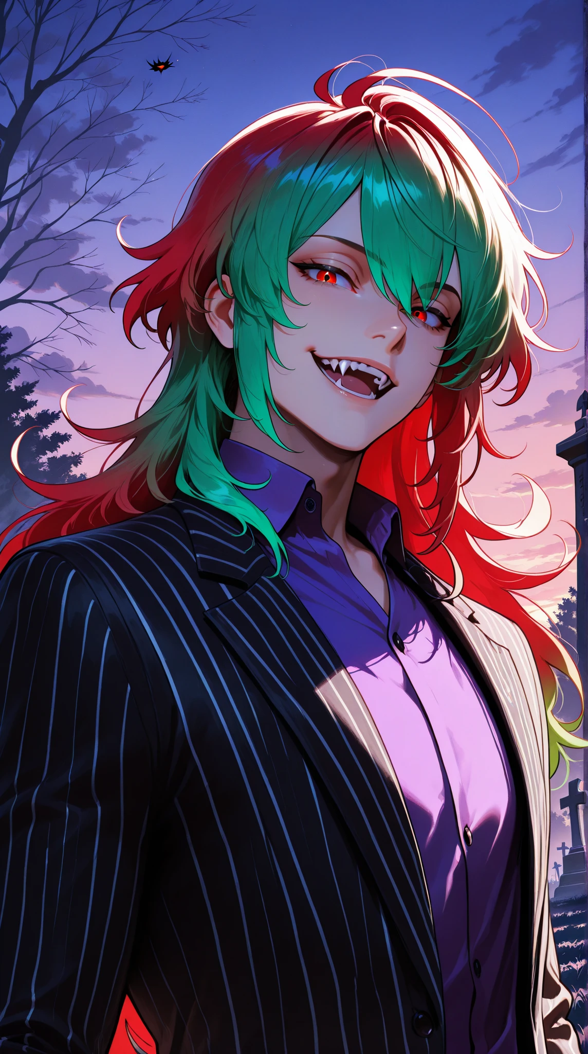 (masterpiece), best quality, expressive eyes, perfect face, 1boy, male focus, solo focus, Diluc Ragnivindr, red eyes, heterochromia, green eyes, eyebrow raised, holographic eyes, multicolored hair, red hair, gradient hair, green hair, purple hair, streaked hair,  long hair, striped suit, Black suit, white suit, purple shirt, fangs, open mouth, outdoors, dusk, midnight, cemetery scene , relaxed, finger pointing, magic, fire magic, looking at viewer, smirk , fire, post apocalyptic, halloween,  Beetlejuice inspired theme, cinematic angle, cinematic lighting, Rembrandt lighting, backlit, glowing