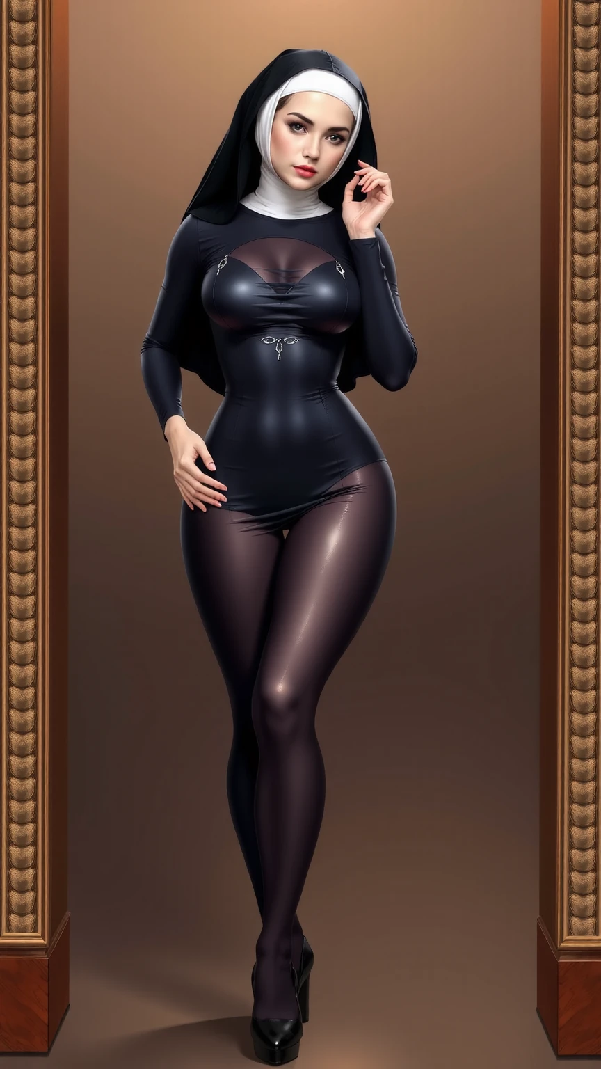 (Masterpiece, plain background:1.2) white short bob hair and skin, white eyes, thin legs, thin body, leather corset and leather collar choker with golden neck bell, shackles wristbands bracers bracelets sleeves, whitish micro bikini 👙 maid, 1MILFWOMAN BIMBO full body standing symmetrical with both hands on hips, wide hips, view from below