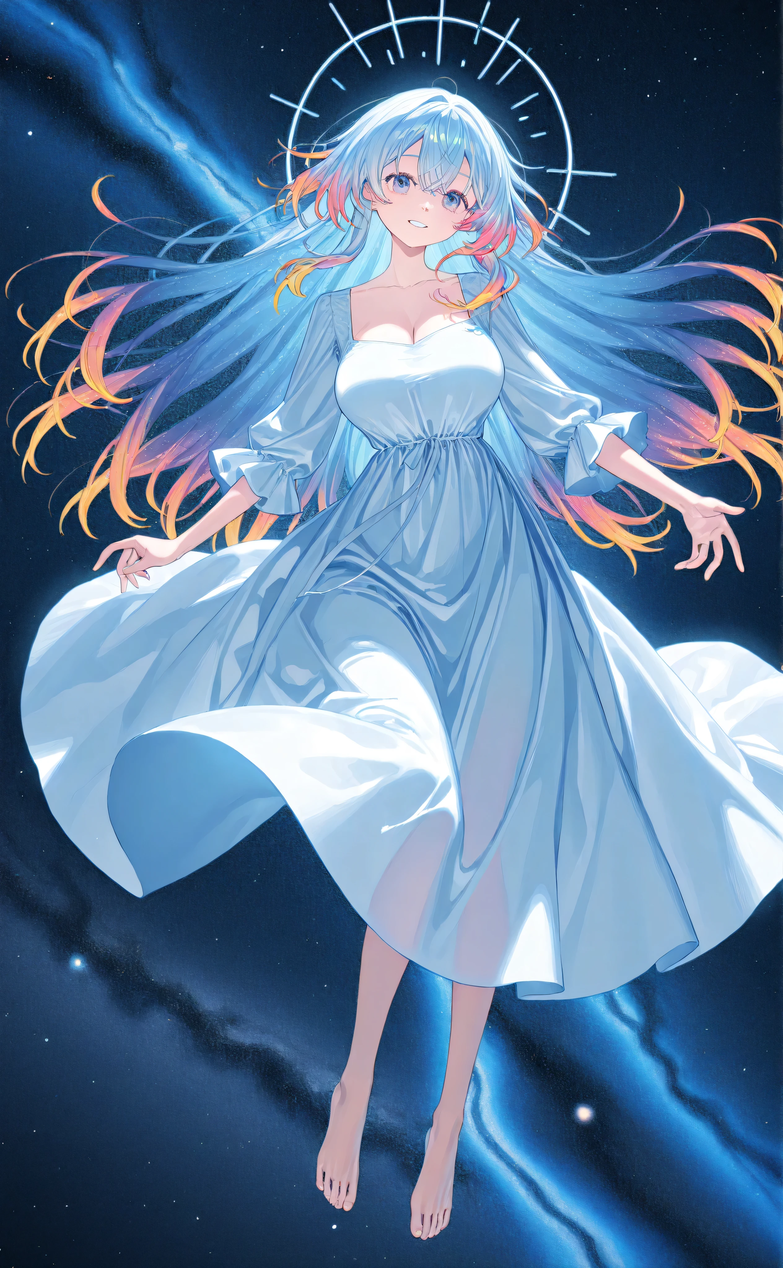 Ghost of a Beautiful Girl、Beautiful Girl's Spiritual Body、slender hands and feet、 waist that begins to be rounded 、A face that still leaves a 、Well-grown breasts 、Well-balanced body、 long flax-colored hair、 flax-colored hair、 floating in the sky 、There is one 、 in a dress、 wearing a dress