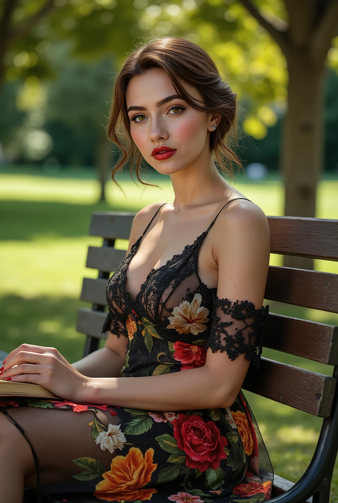 Realistic ((Photorealistic realism)), Hyper high resolution, ((Hyper insanel quality, epice masterciece, intricately detailed digital art)),((focus on extremely Realistic Proportion Body:1.3),"Portrait of {a woman, wearing a dress, sits on a park bench, reading a book}."side view,
(ultra realistic texture details: velvety skin, hair), ((sharp focus, no blurry eyes, Hyper absurd quality, Hyper details, Hyper realistic brown_eyes:1.4)),((extra narrow eyebrows)),(Carefully draw Long blue_mascara:1.12),(perfect round eyes), (finely detailed pupils, (extremely fine details pupils)), detailed lips:1.3, (apply glossy red_lipstick:1.23), (perfect proportions:1.2), ((White tight Dress made of lace fishnet:1.22), (Dolce & Gabbana, Floral style:1.23)), (elegant fashion, intricate details:1.2), ((clothes made of silk and flower), (Wearing tight fitting dresses)), ((Ruffled Black Gothic Skirt) (Intricately details multi-layer, lace with fishnets:1.25), (golden lace-up:1.33)), dslr, high quality split lighting, sharp focus captured by Fujifilm XT3, f 5.6,(perfect composition),((look at the viewer)), HDR, UHD, studio lighting, physically-based rendering, vivid colors,