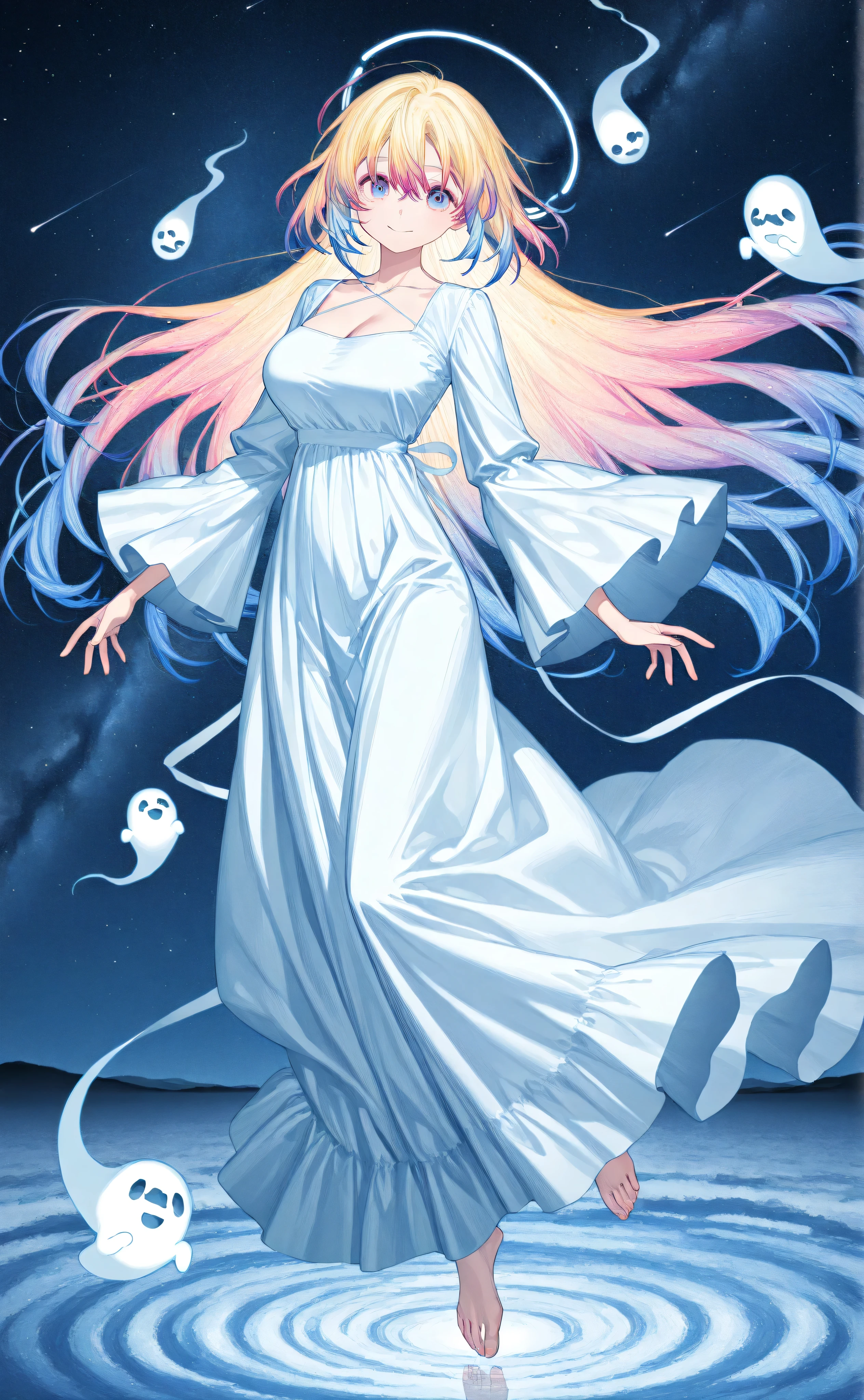 Ghost of a Beautiful Girl、Beautiful Girl's Spiritual Body、slender hands and feet、 waist that begins to be rounded 、A face that still leaves a 、Well-grown breasts 、Well-balanced body、 long flax-colored hair、 flax-colored hair、 floating in the sky 、There is one 、 in a dress、 wearing a dress
