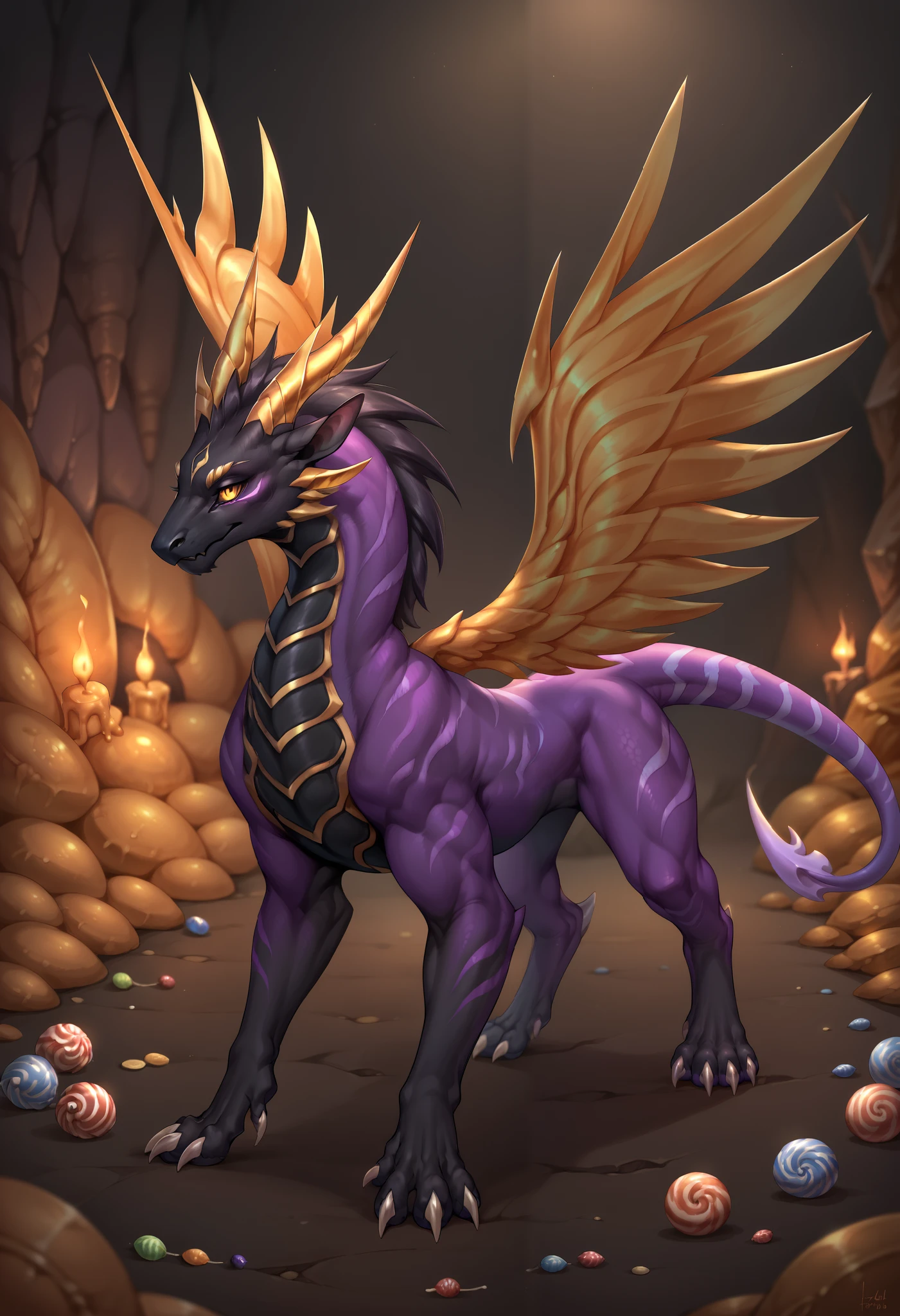 Eothos, Furry dragon, feral, four-legged, golden mark on forehead, front half of body black with golden stripes, black muzzle, black long black ears, long straight golden horns, golden glowing eyes without pupils, two purple stripes under eyes, golden eyebrows, back half of body purple, front legs orange, hind legs purple, long white claws on paws, long purple tail with white stripes, white tassel at end of tail, golden feathered wings, dark cave, candies, detailed background