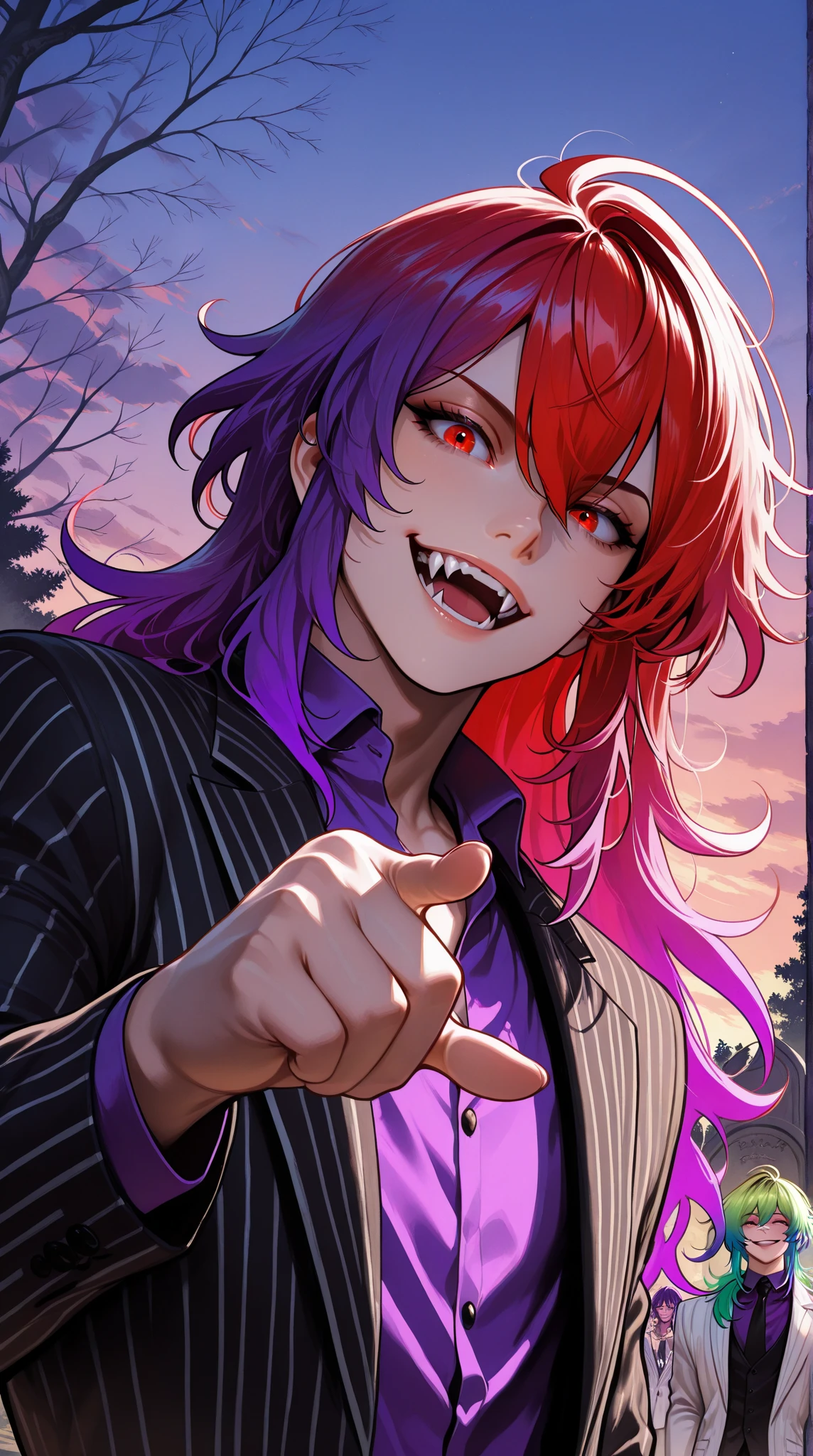 (masterpiece), best quality, expressive eyes, perfect face, 1boy, male focus, solo focus, Diluc Ragnivindr, red eyes, heterochromia, green eyes, eyebrow raised, holographic eyes, multicolored hair, red hair, gradient hair, green hair, purple hair, streaked hair,  long hair, striped suit, Black suit, white suit, purple shirt, fangs, open mouth, outdoors, dusk, midnight, cemetery scene , relaxed, finger pointing, magic, fire magic, looking at viewer, smirk , fire, post apocalyptic, halloween,  Beetlejuice inspired theme, cinematic angle, cinematic lighting, Rembrandt lighting, backlit, glowing