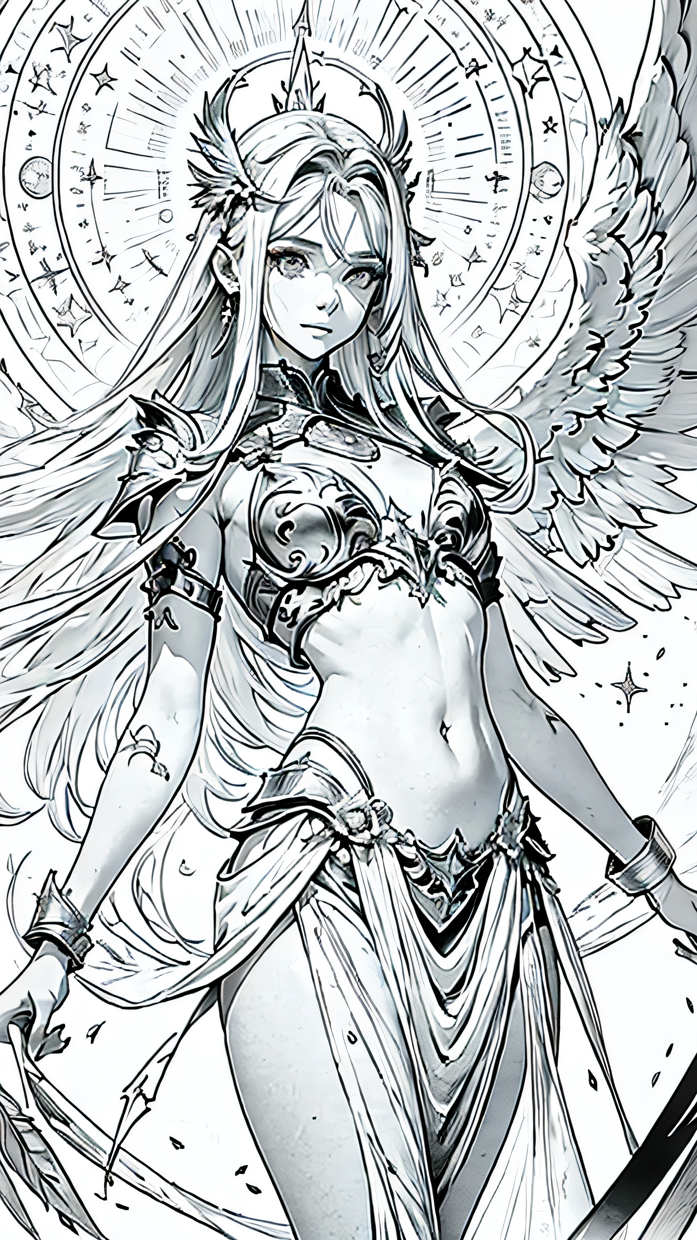 a goddess of the magic, sexy and beautiful, (have four hands), A pair of black and white feather wings behind the back, upright star totem float behind the back, magic circle on feets, halo, super textured skin, super detail face, perfect face, Super fine facial details, beautiful and delicate eyes, perfect eyes, correct limbs, correct figner, super detail figner, best hair quality, best clothing quality, best prop quality, best halo detail and quality, best magic circle detail and quality, complex halo detail, anatomically correct,black line art, monochrome,color book, no light and shadows