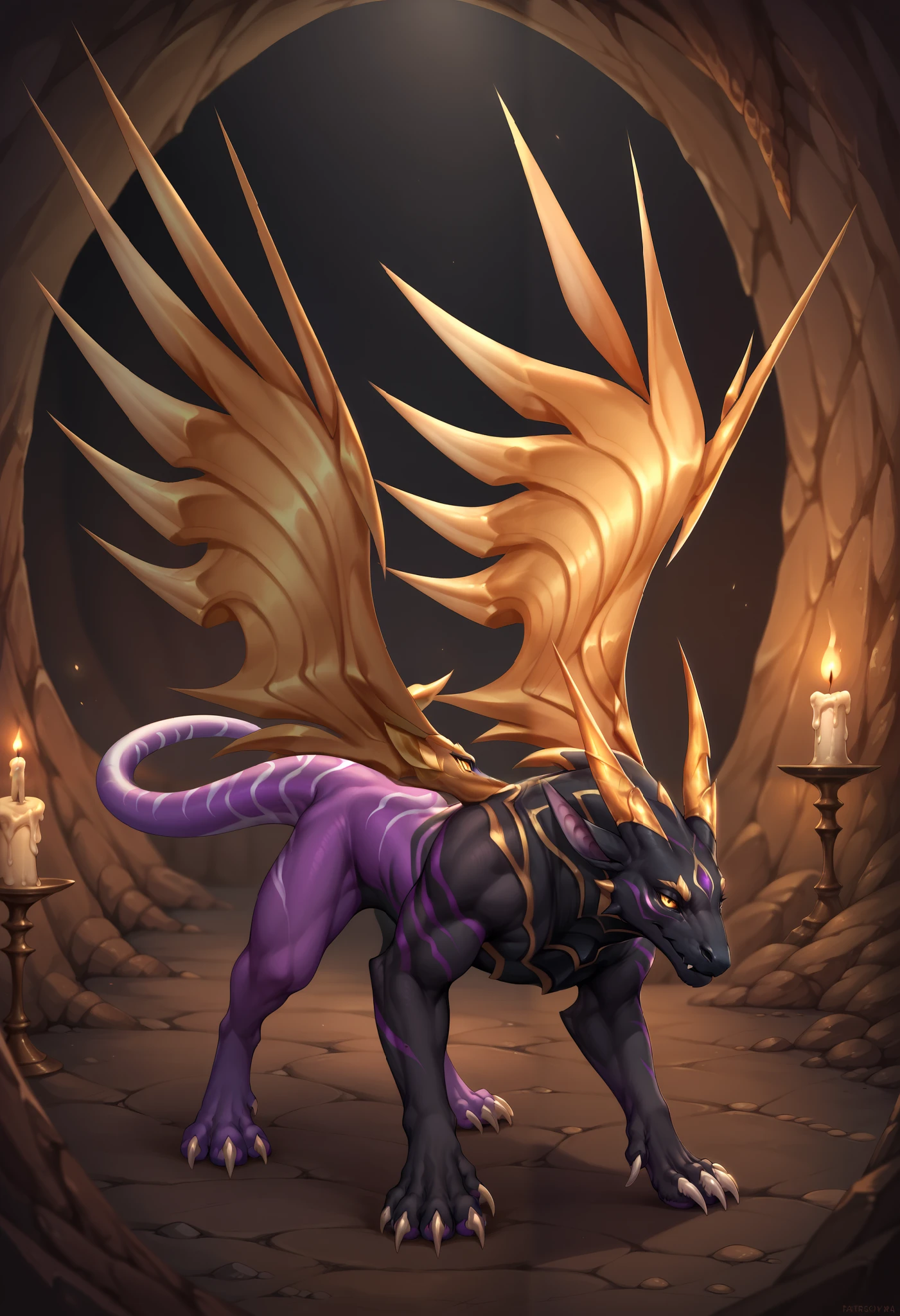 Eothos, Furry dragon, feral, four-legged, golden mark on forehead, front half of body black with golden stripes, black muzzle, black long black ears, long straight golden horns, golden glowing eyes without pupils, two purple stripes under eyes, golden eyebrows, back half of body purple, front legs orange, hind legs purple, long white claws on paws, long purple tail with white stripes, white tassel at end of tail, golden feathered wings, dark cave, candles, detailed background