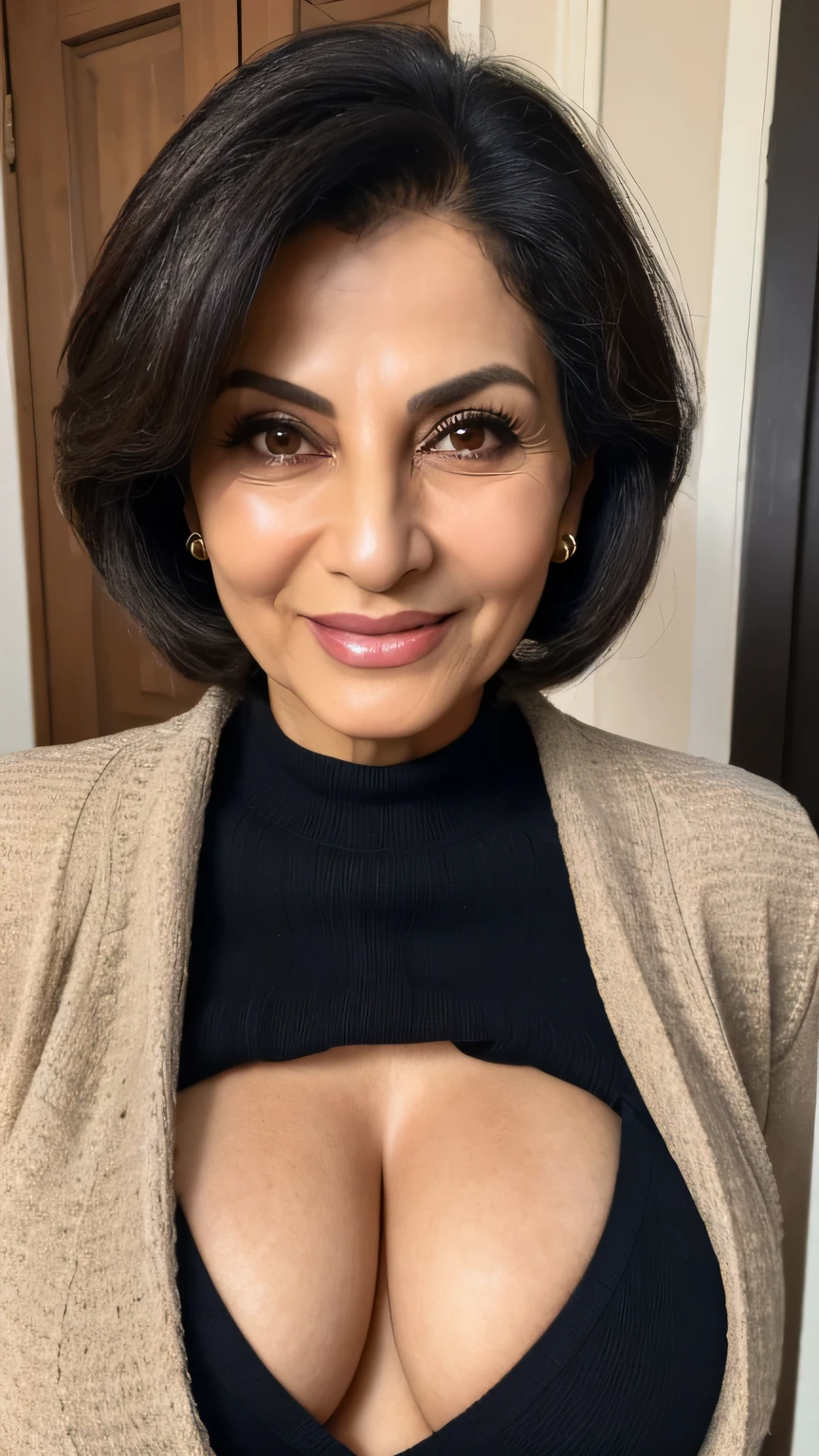 Best quality photo quality 8K,| 55 year old, sexy year old woman,Iranian, black bobcut hair, Sweater with a large neckline breast neckline sexy, stylish,wide_angle, shocked expression, wearing a small key on a necklace, (huge breasts:1.4), ((full body view)), wide hips, thong, large cleavage, ((age 55), mature, old