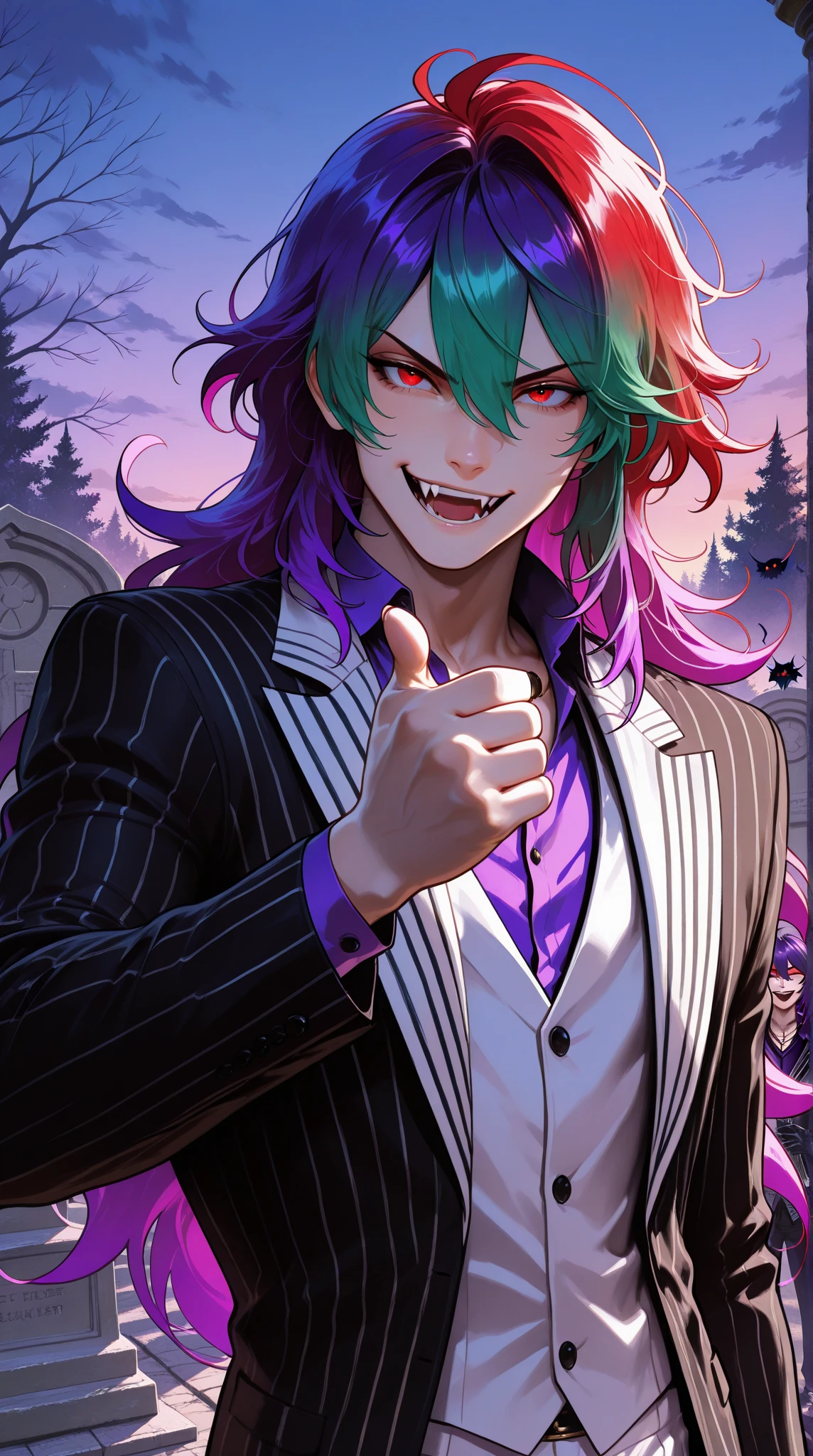 (masterpiece), best quality, expressive eyes, perfect face, 1boy, male focus, solo focus, Diluc Ragnivindr, red eyes, heterochromia, green eyes, eyebrow raised, holographic eyes, multicolored hair, red hair, gradient hair, green hair, purple hair, streaked hair,  long hair, striped suit, Black suit, white suit, purple shirt, fangs, open mouth, outdoors, dusk, midnight, cemetery scene , relaxed, finger pointing, magic, fire magic, looking at viewer, smirk , fire, post apocalyptic, halloween,  Beetlejuice inspired theme, cinematic angle, cinematic lighting, Rembrandt lighting, backlit, glowing