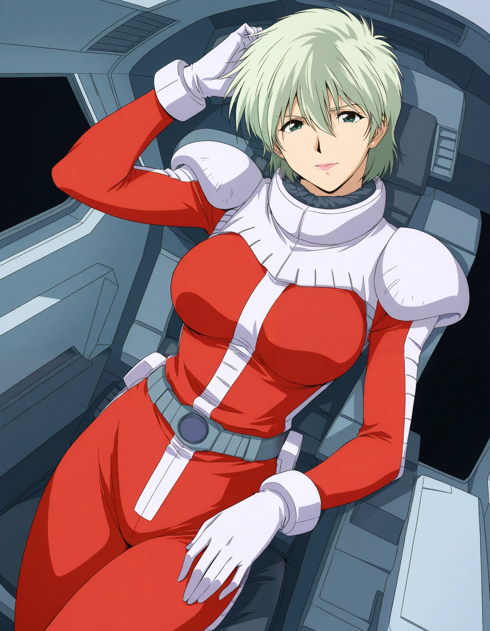 masterpiece, best quality, good quality, 1girl ,Alone,cowboy shot,standing,looking at viewer,(1990s \(style\):0.2), ainasahalim ,green hair,green eyes,short hair,lips,lipstick,large breasts,(smile:0.5),closed mouth,pilot suit, red suit、The background is cockpit 、 sitting in the cockpit、 泣き顔、口を開けて叫んでいる