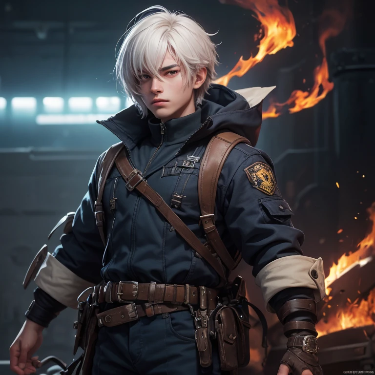 11 year old boy with gray hair eyes 11 year old boy with gray hair red eyes with super firepower in his hand and fire background