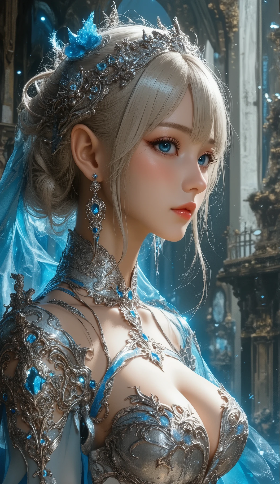 Close-up of a woman in a silver and blue dress, ArtStationの程維潘, Jan J, Detailed Fantasy Art , beautiful character art , In the form of、 Fan Art Best Art Station , Spectacular Exquisite Character Art , Beautiful Armor, a very detailed term, detailed digital anime art, artterm on artterm on artterm on artterm on artterm on artterm on artterm on artterm on artterm on artterm on artterm( art station pixiv , Girl in Armor