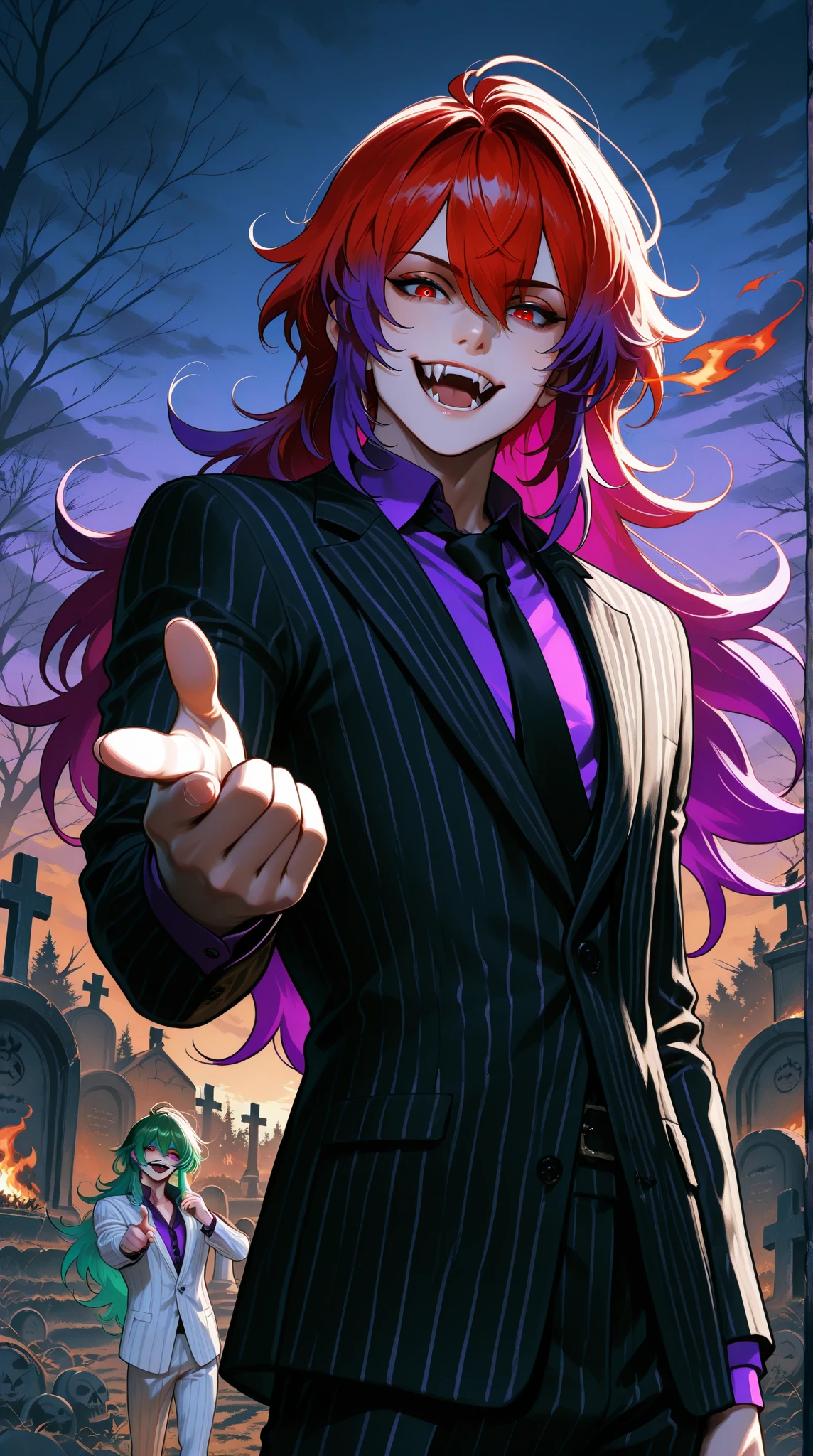 (masterpiece), best quality, expressive eyes, perfect face, 1boy, male focus, solo focus, Diluc Ragnivindr, red eyes, heterochromia, green eyes, eyebrow raised, holographic eyes, multicolored hair, red hair, gradient hair, green hair, purple hair, streaked hair,  long hair, striped suit, Black suit, white suit, purple shirt, fangs, open mouth, outdoors, dusk, midnight, cemetery scene , relaxed, finger pointing, magic, fire magic, looking at viewer, smirk , fire, post apocalyptic, halloween,  Beetlejuice inspired theme, cinematic angle, cinematic lighting, Rembrandt lighting, backlit, glowing
