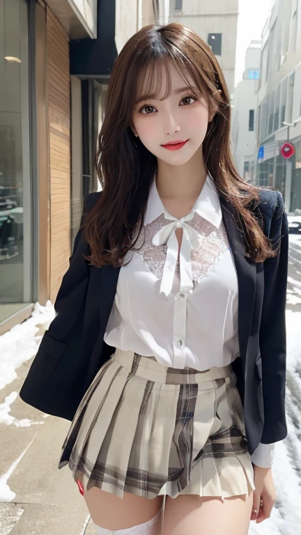 smile、night、Raw photo、(((ultimate beauty portrait)))、((glowing skin))、1 girl、Beautiful girl of in Prague、bright look、((brown haired))、(cleavage)、(flare skirt:1.5)、((Big eyes that shine like jewels))、open cardigan、open your clothes、pantyhose、Glossy, glowing skin、(medium hair)、(silky ponytail hair)、(Are standing)、(from below)、under the skirt、(from belowの下着の接写)、eyeliner、beautiful bangs、hair between eyes、最high quality、Super detailed、film light、intricate details、High resolution、very detailed))、detailed background、8KUHD、Digital single-lens reflex camera、soft light、high quality、film grain、Fujifilm XT3 、shallow depth of field、natural soft light、Kamimei、rich bust
