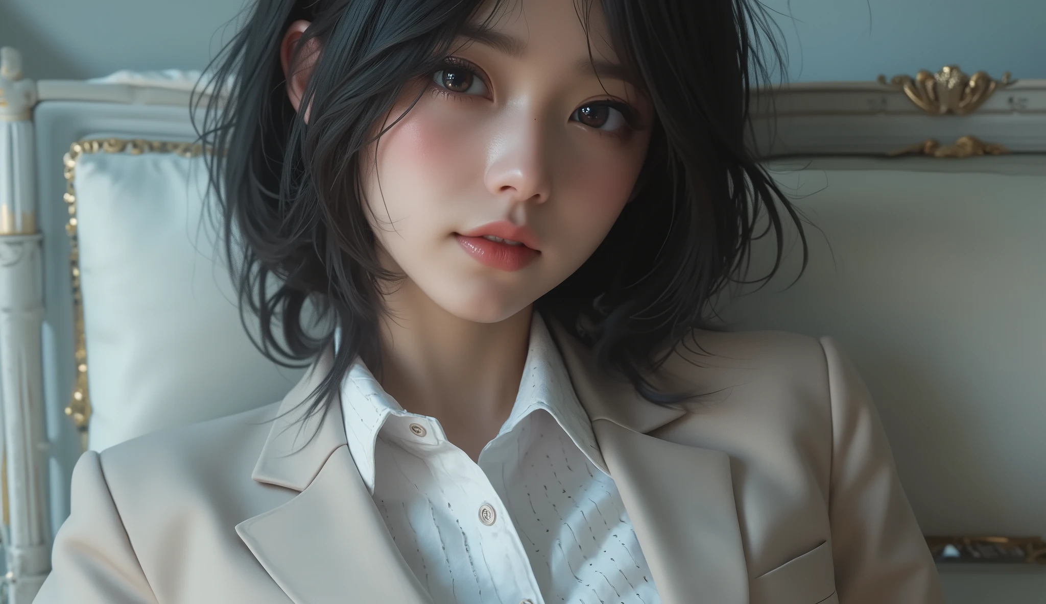 8k, ultra high resolution ,   top quality,  masterpiece,rule of thirds,golden ratio, surreal, photos,  one woman,(  girl:1.3), cute, cute顔, Beautiful Eyes in Every Detail , 細かく Details, mature woman, princess,extream close up,smile, black hair,Messy hair,ID photo, luxurious and beautiful ,(A -yeld fas Japanese idol girl ), (( wearing a Japanese high school uniform with a white shirt, blazer, and skirt)), ((( having sex in the woods ))), ((( She has an ecstatic expression ))), very delicate expression ,  delicate eye description,,  Healthy Body , (( 1 female)), Height: 160cm, (( thin thighs)) ,(  thin waist:1.4)、( Beautiful :1.4),  pink lips, profile,(((  ideal figure))),Small bust, A cup :2,、 portraits:2、  perfect anatomy 、鮮明な  Details、  Details, thin lips,Perfect and beautiful face  ,完璧で cute顔,   Meticulous Skin  ,  Perfect Limbs 、  thin waist,  surreal,Light and Dark,  fashion magazine cover,glowing 
