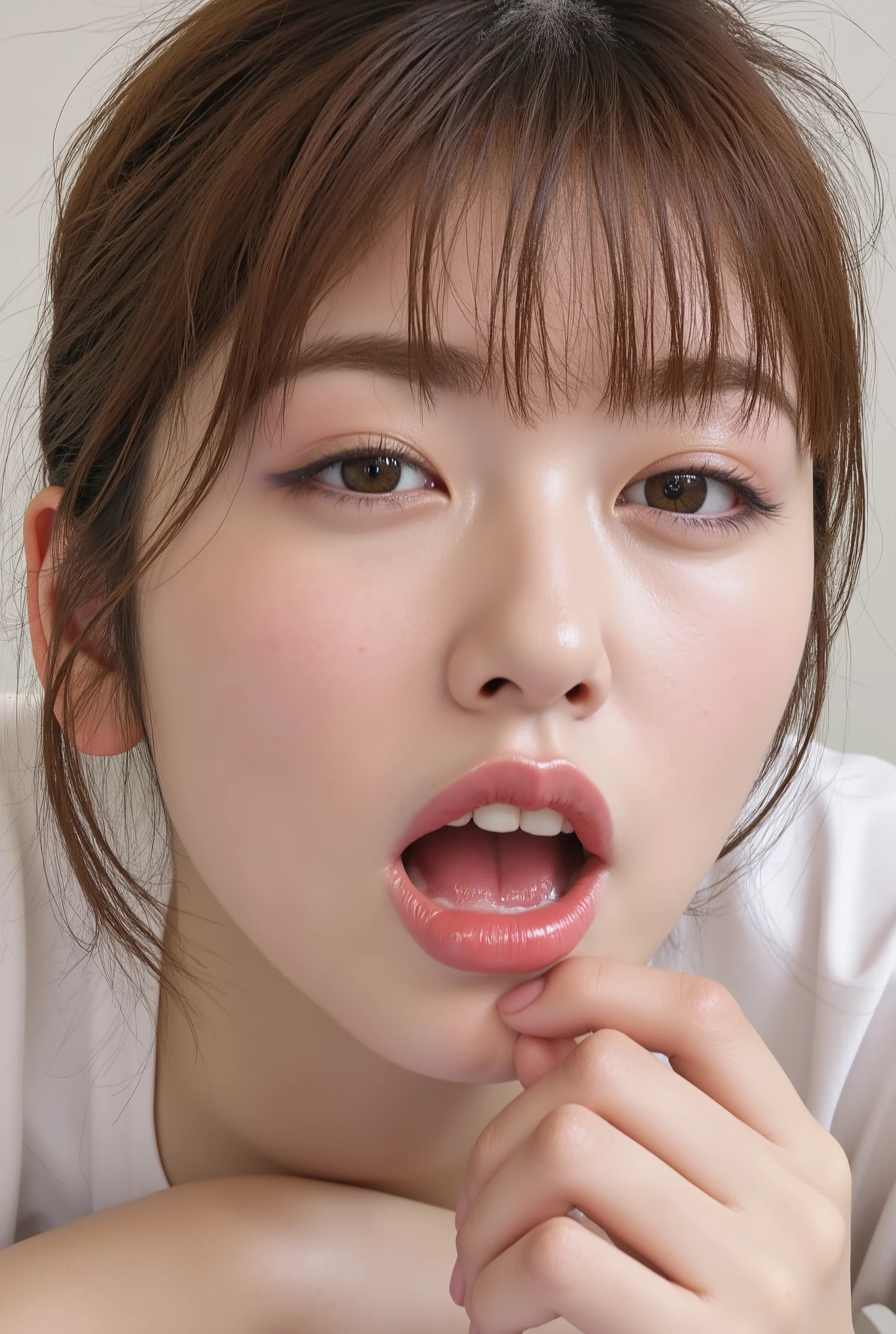 (masterpiece,ultra detailed,Highest quality:1.2),(Perfect beautiful face 1.2),(Perfect and beautiful posture:1.2)(open mouth),(white saliva in open mouth), ((close eyes:0.7)), ((saliva in open mouth:1.2)), Chubby,detailed young skin,(face focus,close up:0.5), Real textured skin, camisole