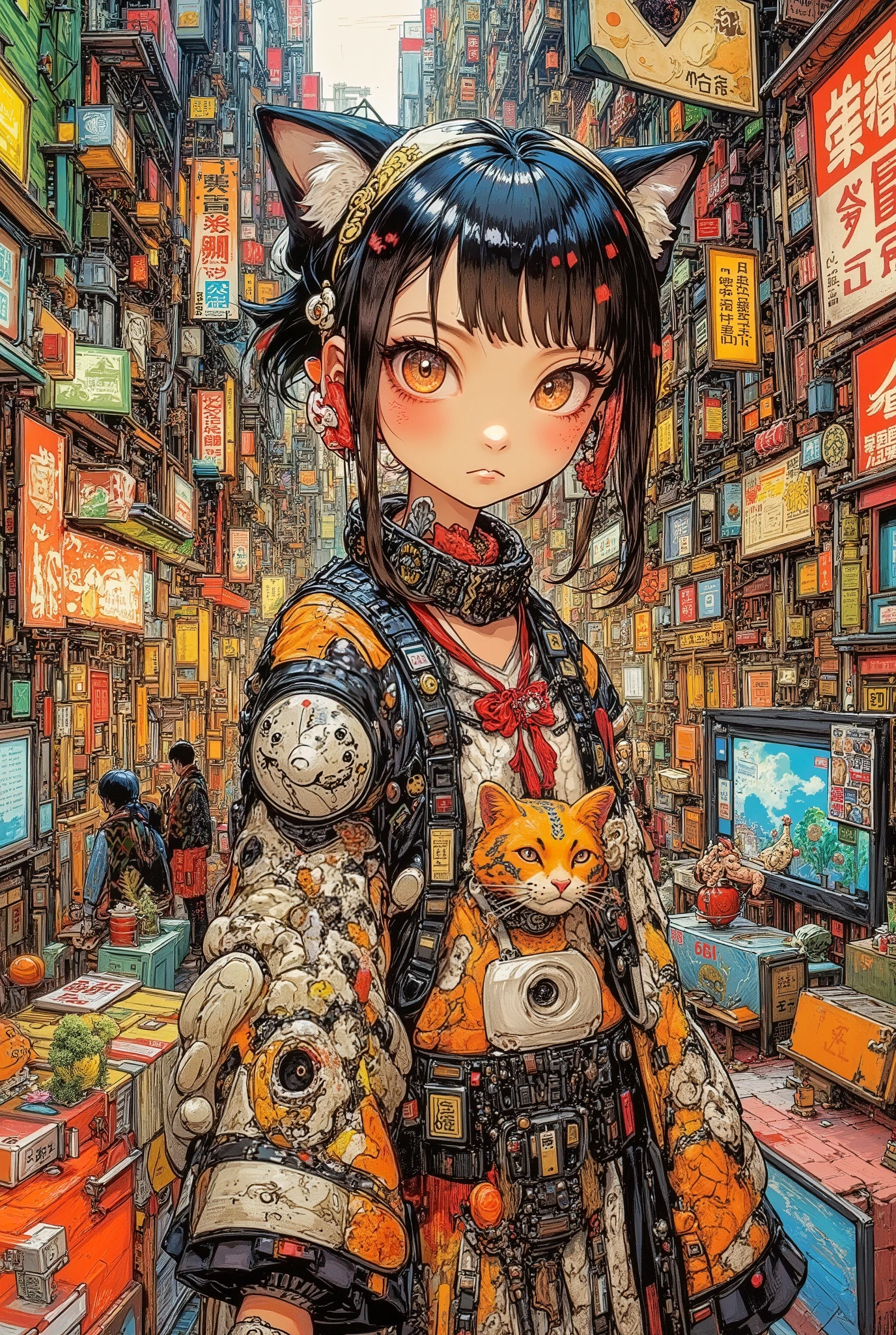 (High Definition, masterpiece, Accurate, top quality, High Definition model, high detail, (((The textures are soft))), ((matte and toy-like with a handmade premium look)), (((Tim Burton style))), A girl walking with a cat on the streets of Shibuya, best quality, (intricate details:1.1), beautiful detailed, beautiful hair, pupil details,solo, 1girl, japanese, blush, five fingers, ((Pupil details)), backlighting, ((five fingers)), big breasts, (((low-angle view))),