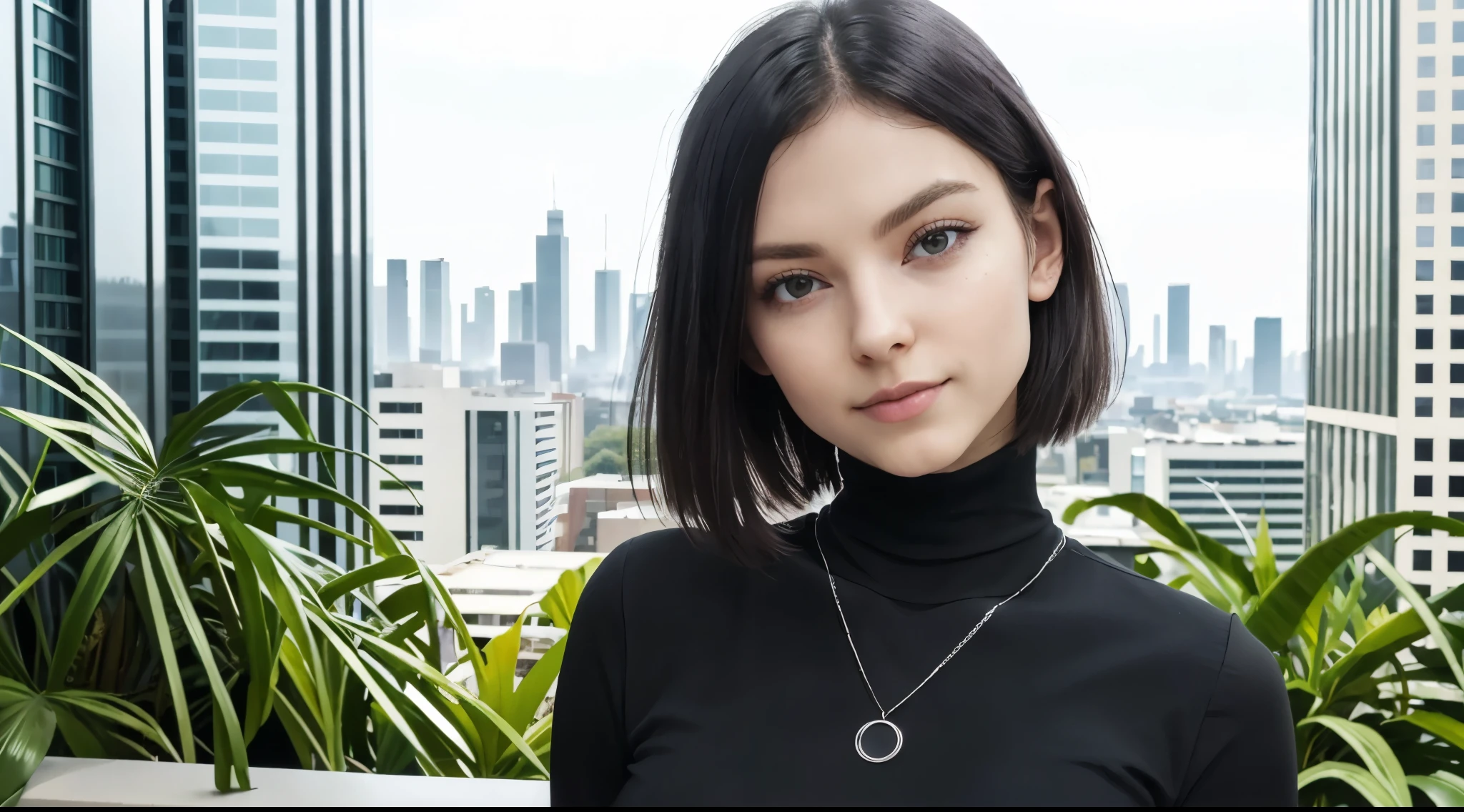 (best_quality, masterpiece:1.2), (highly detailed), (uhd, high_resolution, highres), girl, head tilt, black turtleneck shirt, sleek and simple, long sleeves, huge breasts, flat short hair, black hair, looking at viewer, subtle necklace, city, greenery, glass building,