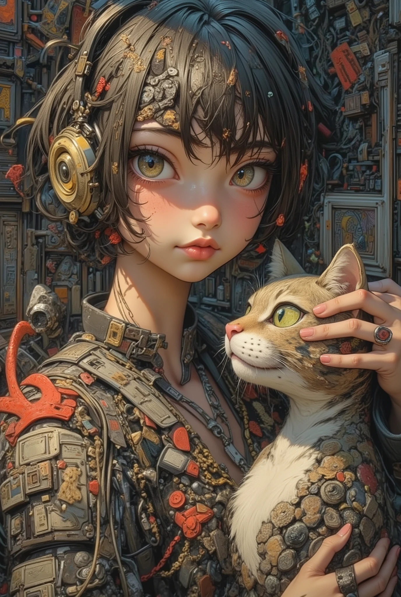 (High Definition, masterpiece, Accurate, top quality, High Definition model, high detail, (((The textures are soft))), ((matte and toy-like with a handmade premium look)), (((Tim Burton style))), Girl patting cat's head, best quality, (intricate details:1.1), beautiful detailed, beautiful hair, pupil details, solo, 1girl, japanese, blush, five fingers, ((Pupil details)), backlighting, ((five fingers)), big breasts, (((low-angle view))),