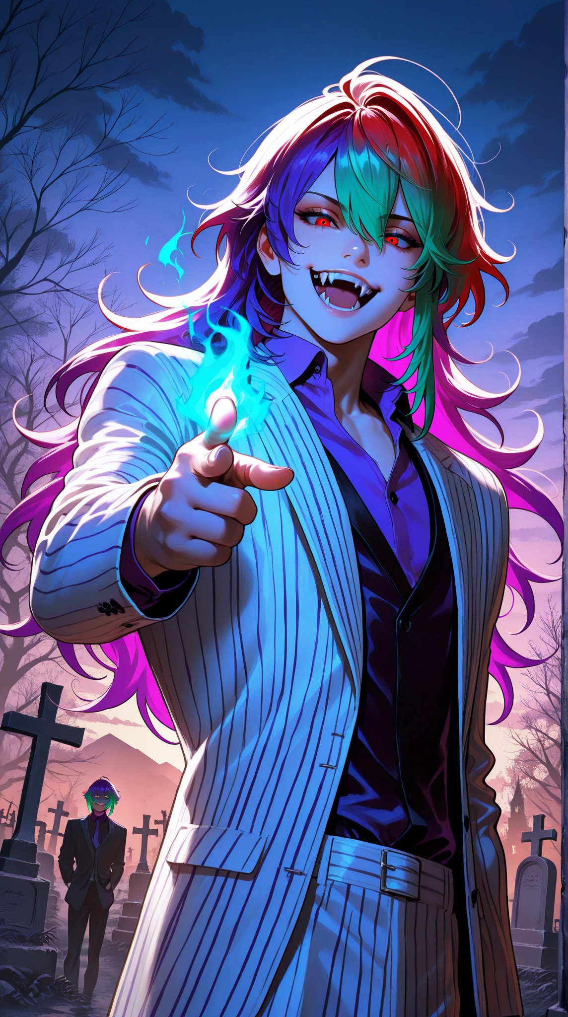 (masterpiece), best quality, expressive eyes, perfect face, 1boy, male focus, solo focus, Diluc Ragnivindr, red eyes, heterochromia, green eyes, eyebrow raised, holographic eyes, multicolored hair, red hair, gradient hair, green hair, purple hair, streaked hair,  long hair, striped suit, Black suit, white suit, purple shirt, fangs, open mouth, outdoors, dusk, midnight, cemetery scene , relaxed, finger pointing, magic, fire magic, looking at viewer, smirk , fire, post apocalyptic, halloween,  Beetlejuice inspired theme, cinematic angle, cinematic lighting, Rembrandt lighting, backlit, glowing
