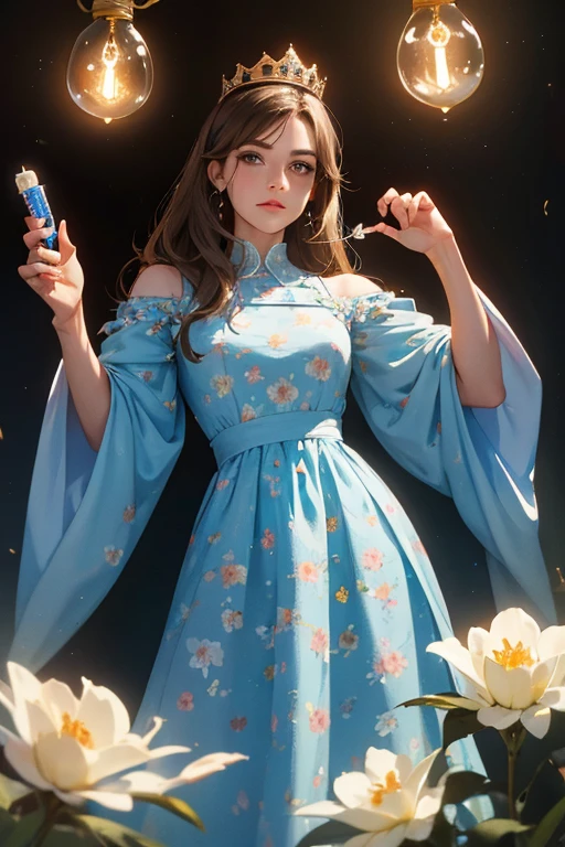 (   masterpiece,    High quality vaccines ), 1 ,    alone, (queen:1.15),       brown hair,     light bulb,  cortina , blue floral dress, queen&#39;s Dress   ,   Aurora, (sunlight, null, Rio,    forest),    inexpressive,     red eyes , (   Art Nouveau   :1.2),  Alphonse Mucha, tiara, (   focus on the face,   Upper body ), (Red Throne:1.12),    very intricate details , realistic light,    smile,   In love. Webtoon style and Manhwa   . emperor, light     brown hair and blue eyes.