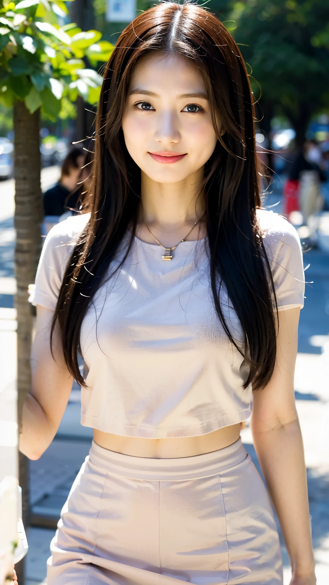 Top quality, Extreme Details,The truth about skin and skin texture,nsfw ,photorealistic cute woman, 35 mm lens, f/1,high contrast,close-up mediumbody shot,20 years old,(very detailed skin:1.2),veins popping out,light makeup,random hair,smile,Boxy linen blend tunic top,A-line cashmere skirt,sustainable horn necklace,sexy pose,standing,in the town