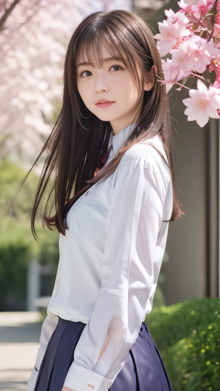  Real 8K high quality image   、  Large cherry blossom trees line up on both sides for a long time、 Cute high school girl、In a super miniskirt and a cute uniform、Model body type that is not muscular、Beautiful white ripe skin  、 apply light makeup 、   Detailed Fingers 、