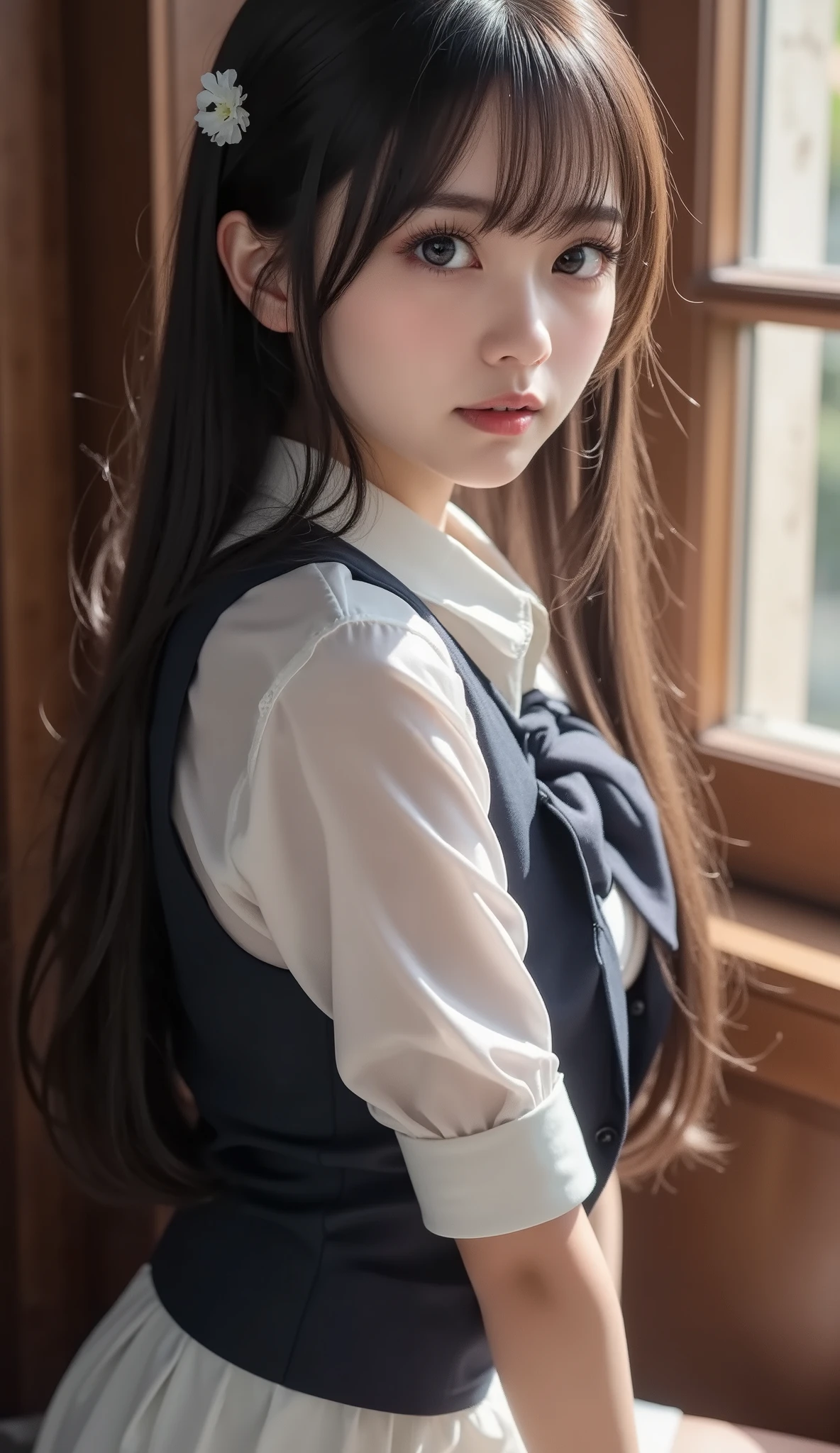 8k, ultra high resolution , top quality, masterpiece,rule of thirds,golden ratio, surreal, photos, one woman,( girl:1.3), cute, cute顔, Beautiful Eyes in Every Detail , 細かく Details, mature woman, princess,full body,smile, black hair,Messy hair,ID photo, luxurious and beautiful ,(A -yeld fas Japanese idol girl ), (( wearing a Japanese high school uniform with a white shirt, blazer, and skirt)), ((( having sex in the woods ))), ((( She has an ecstatic expression ))), very delicate expression , delicate eye description,, Healthy Body , (( 1 female)), Height: 160cm, (( thin thighs)) ,( thin waist:1.4)、( Beautiful :1.4), pink lips, profile,((( ideal figure))),Small bust, A cup :2,、 portraits:2、 perfect anatomy 、鮮明な Details、 Details, thin lips,Perfect and beautiful face ,完璧で cute顔, Meticulous Skin , Perfect Limbs 、 thin waist, surreal,Light and Dark, fashion magazine cover,glowing